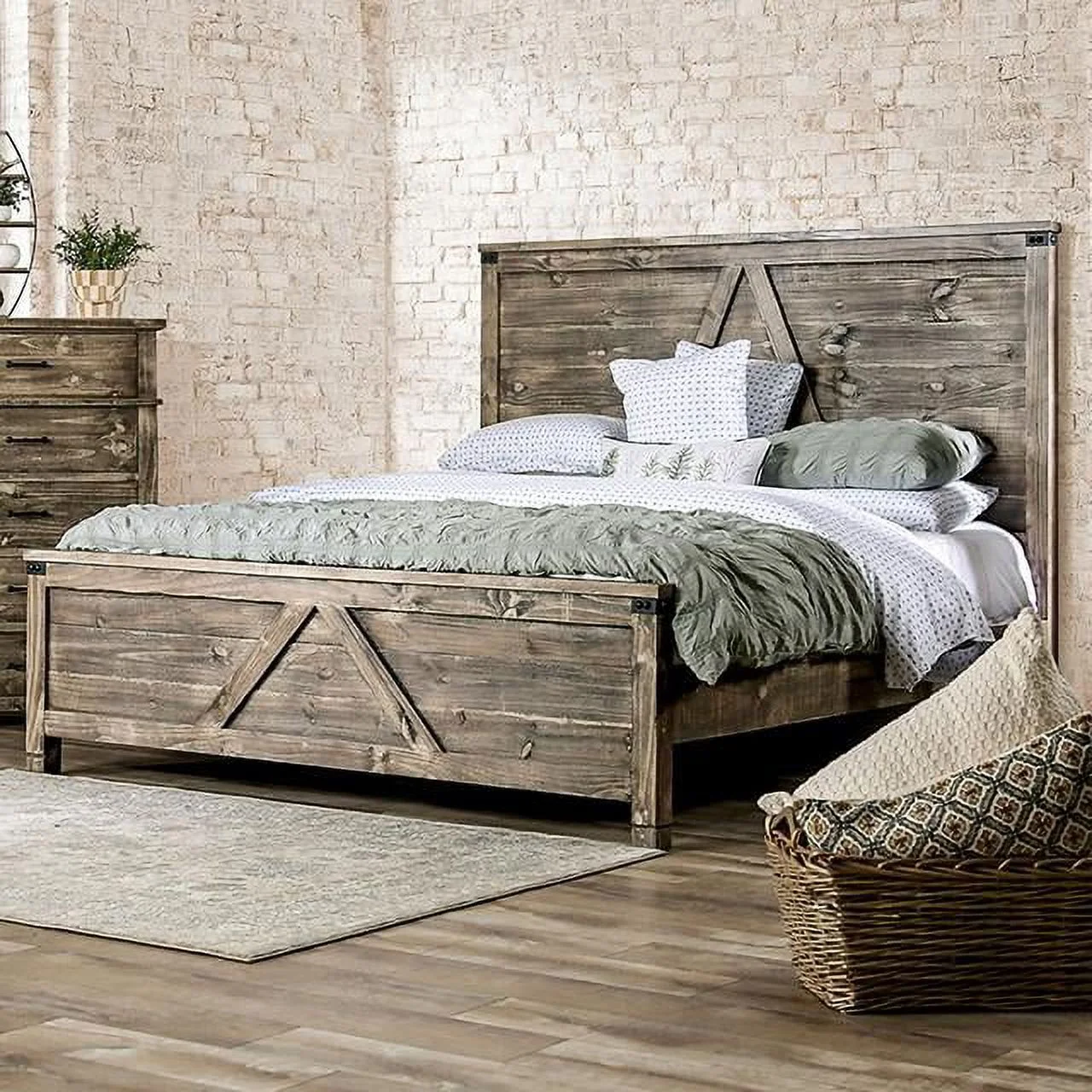 Rustic Ash Brown Solid Wood Queen Bedroom Set 3pcs FOA EM7071BR Woodburn