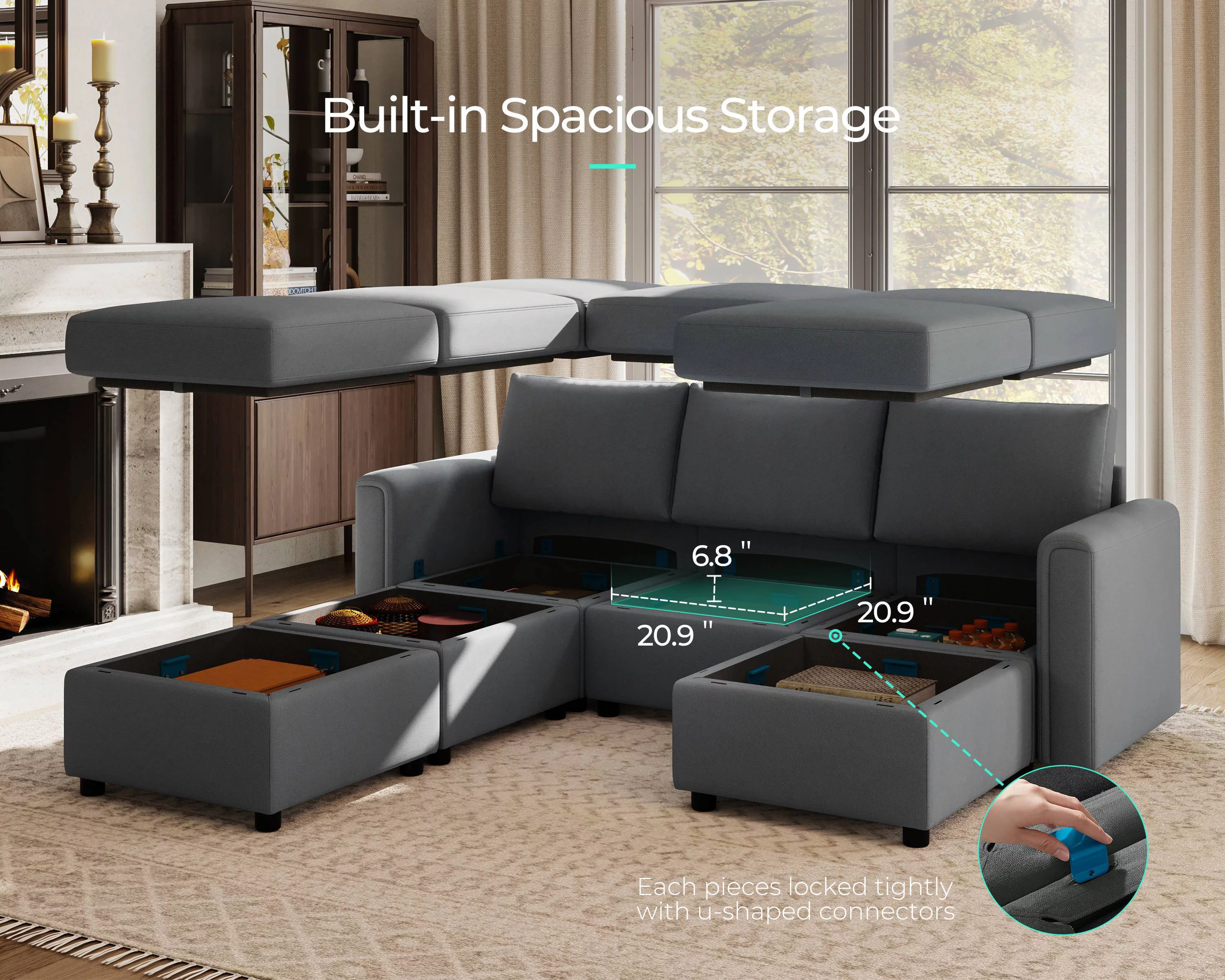 Linsy Home Convertible Modular Sleeper Sofa Bed with Storage,Dark Gray