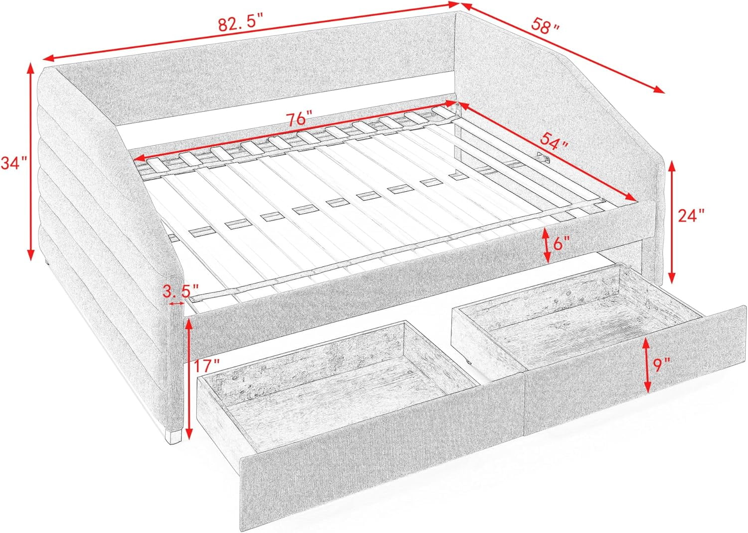 Full Size Daybed, Full Daybed Wi 2 Drawers, Upholstered Tufted Sofa Bed, Linen Fabric, Grey