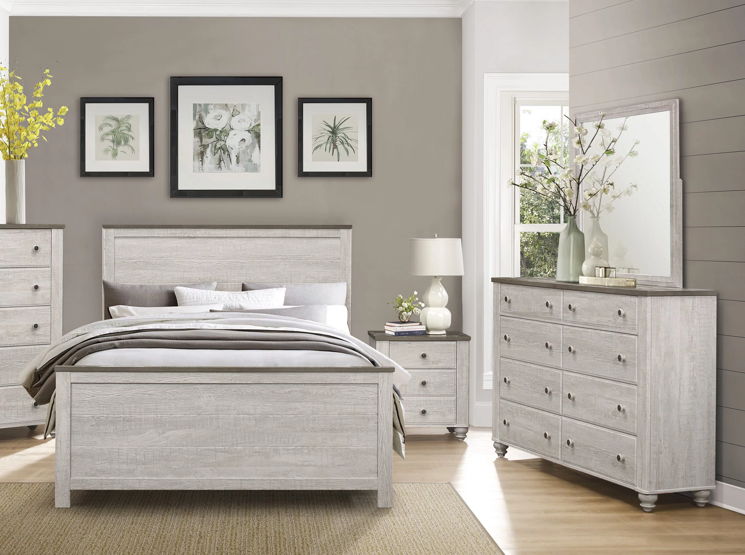 Transitional-Rustic Bedroom Furniture 4pc Set Full Size Bed Nightstand Dresser Mirror Faux Wood Melamine Laminate