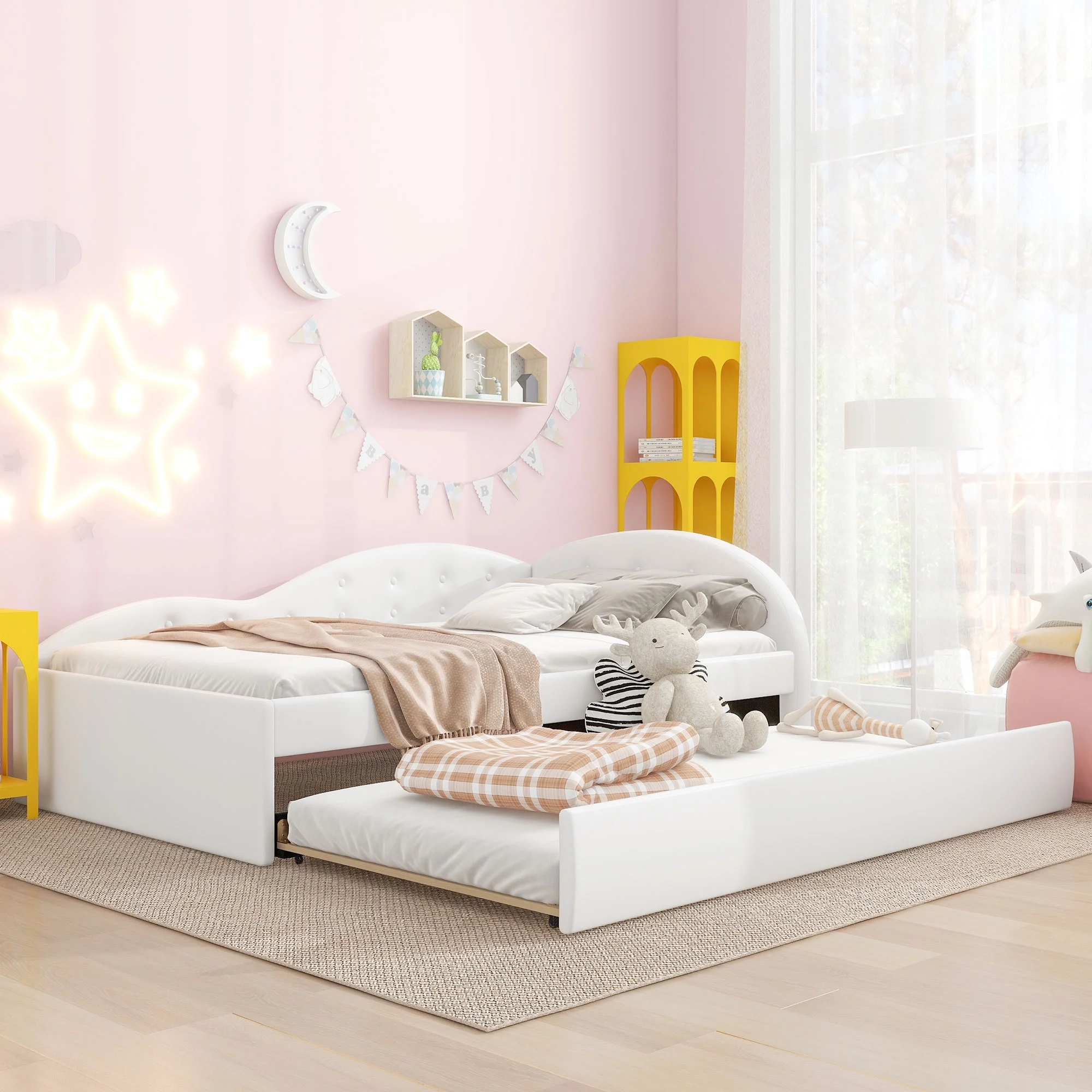 Euroco Twin Size PU Upholstery Daybed, Tufted Sofa Bed with Trundle for Kids Room, White
