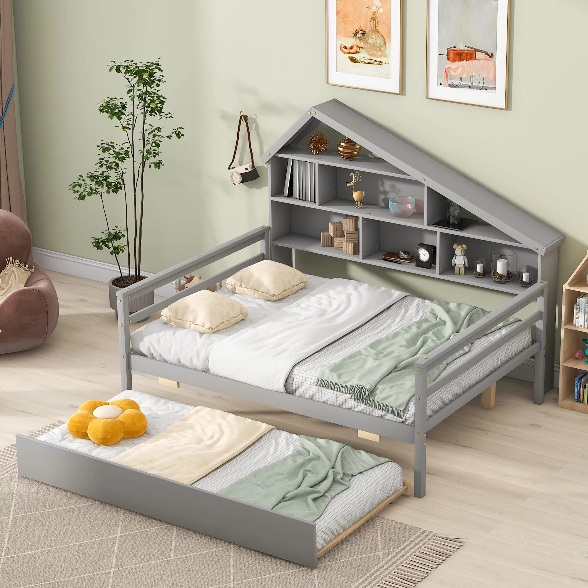 Euroco Wood Full Size House Daybed with Storage Shelf and Trundle for Bedroom, Gray