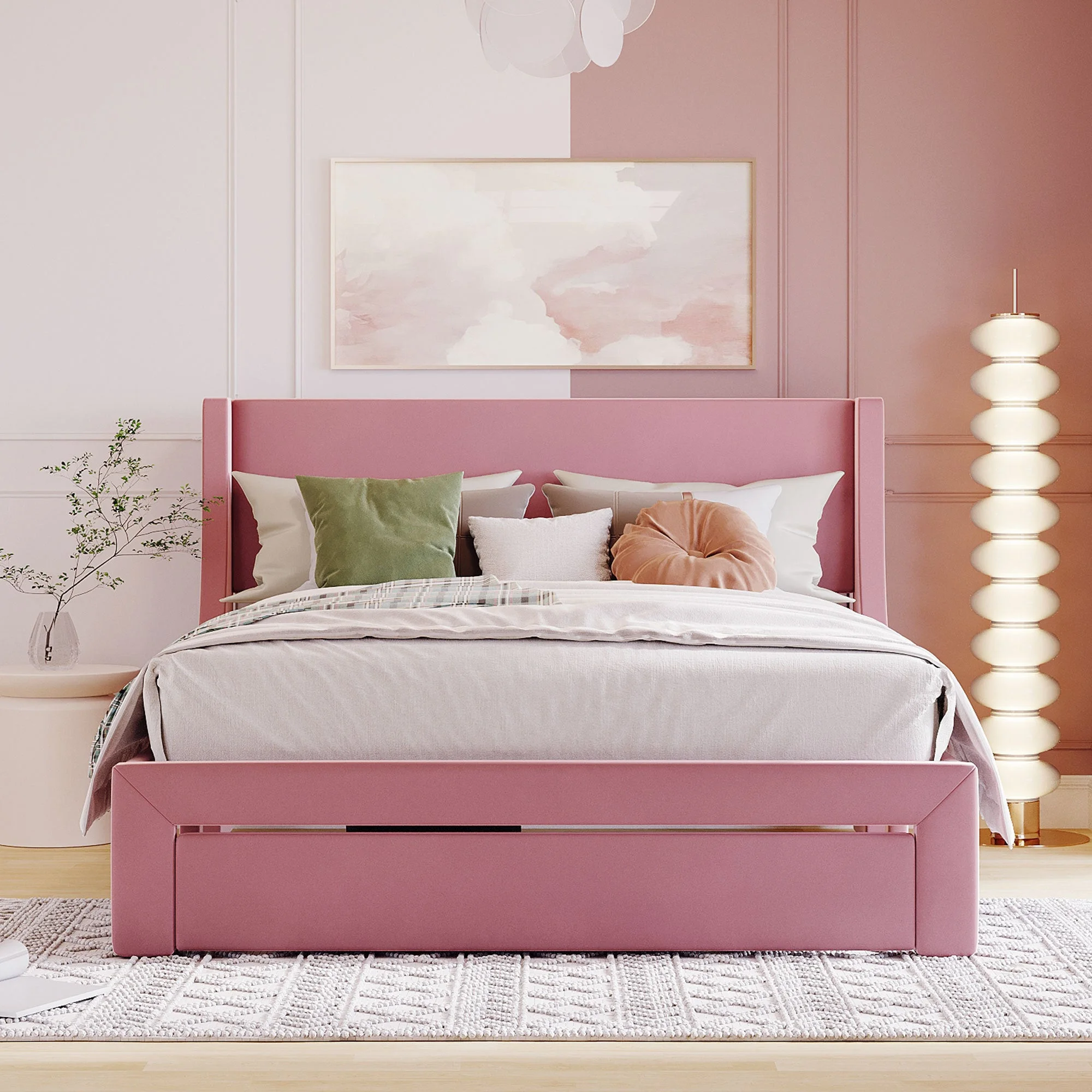 Renni Queen Size Velvet Platform Bed Frame with Drawer - Pink