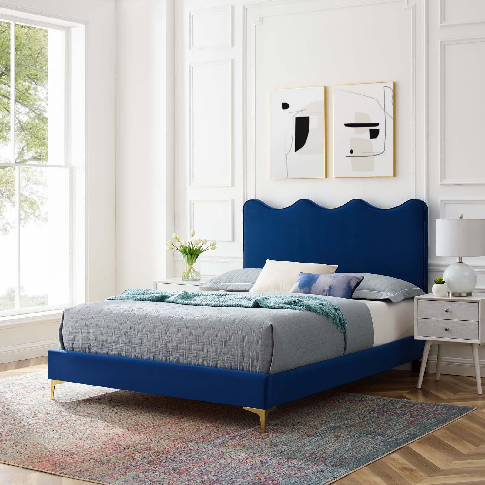 Modway Current Performance Velvet Twin Platform Bed in Navy