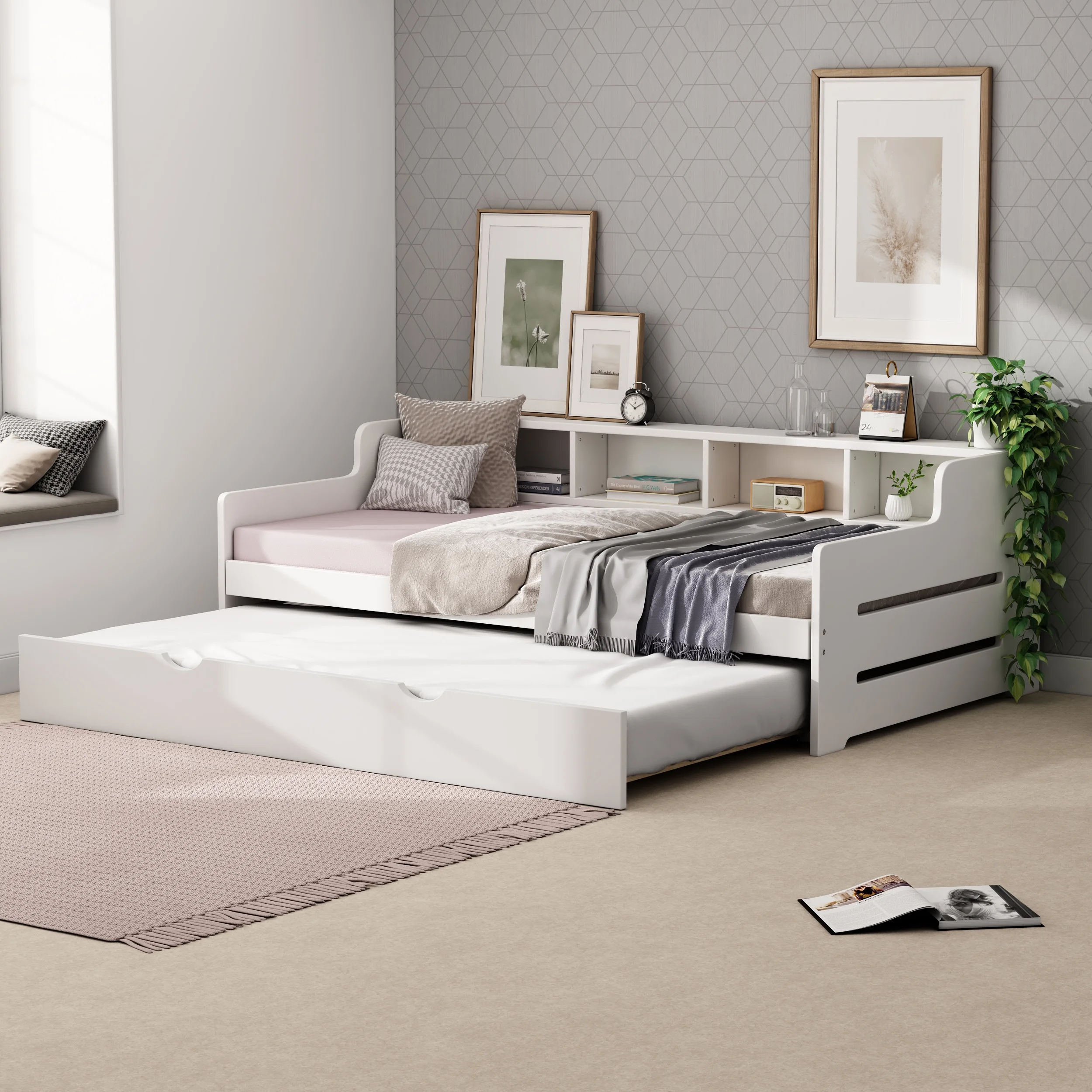 CoSoTower Twin Size Wooden Day Bed with Trundle for Guest Room, Small Bedroom, Study Room, White