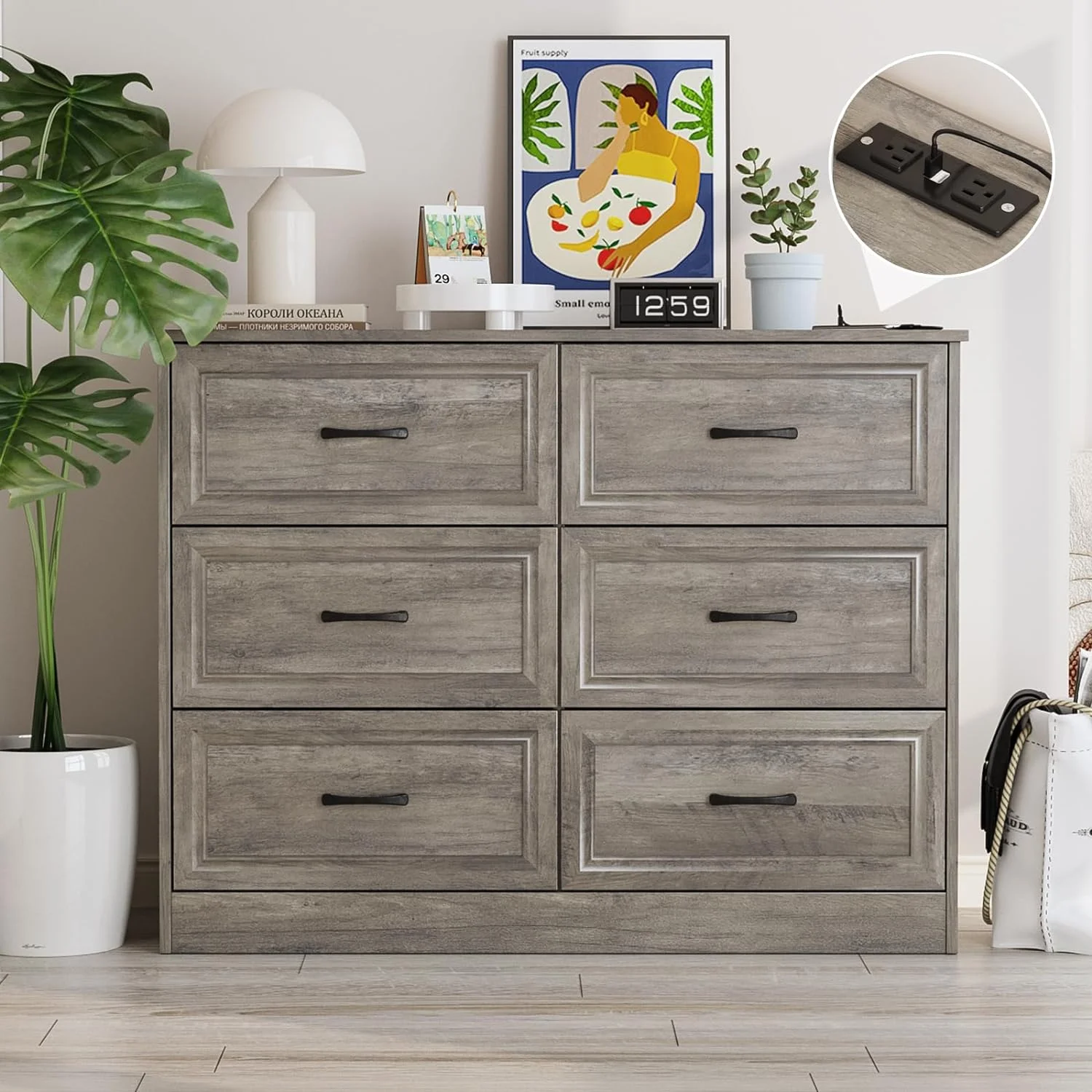 xrboomlife Dresser for Bedroom 6 Drawer Wide Dresser Organizer with Charging Station Tall Dresser for Hallway Wood Dresser with Metal Handles Ash Grey