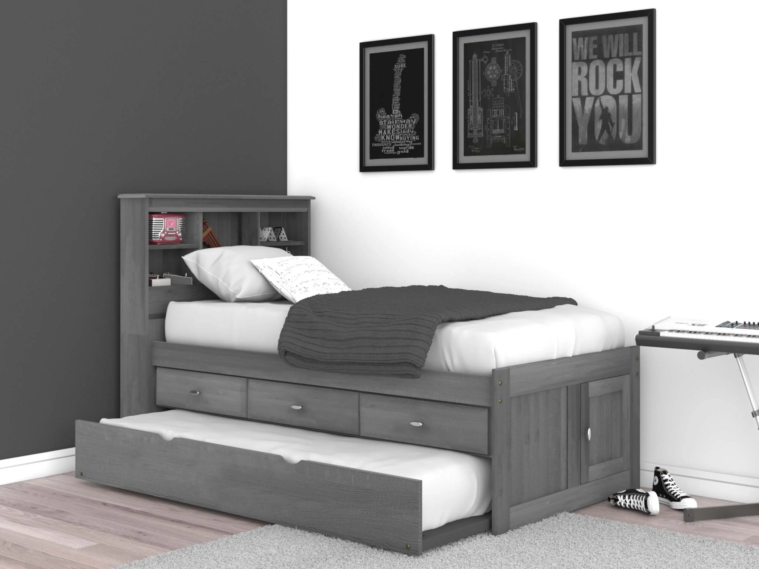 OS Home and Office Furniture Model 83220K3-22 Solid Pine Twin Captains Bookcase Bed with 3 drawers and a Twin Sized Trundle in Charcoal Gray
