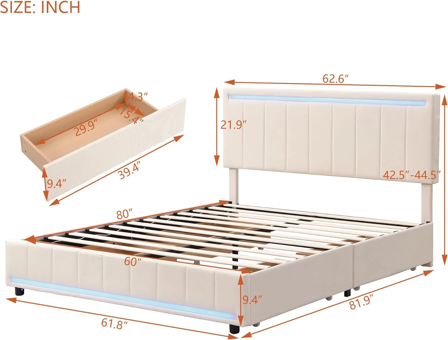 Queen Size Upholstered Platform Bed with LED Light and 4 Drawers, Linen Fabric Headboard w/A Set of Sockets & USB Ports