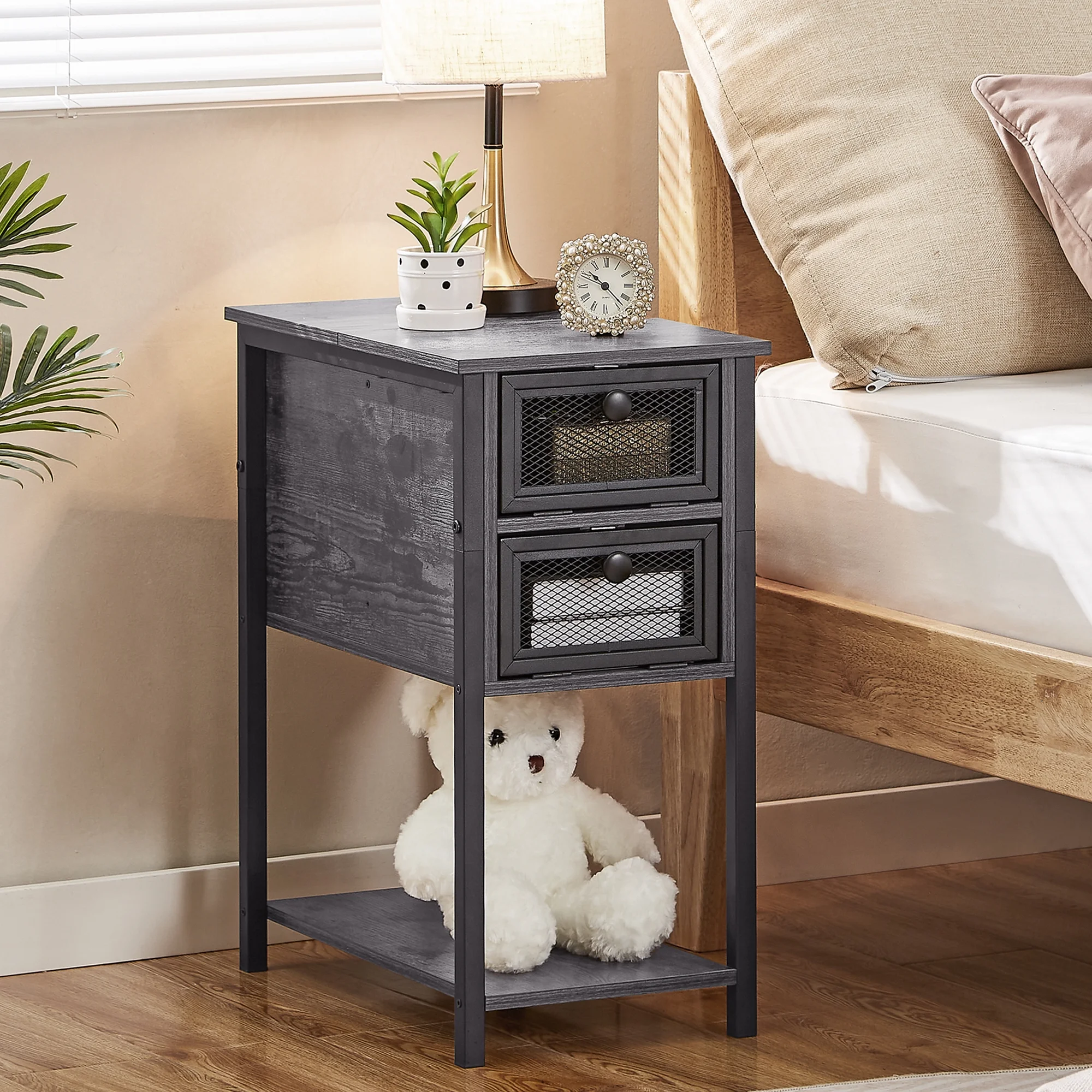 VECELO 2-Drawer Nightstand with Storage Shelf, Industrial Narrow End Side Table for Bedroom Living Room, Charcoal Gray