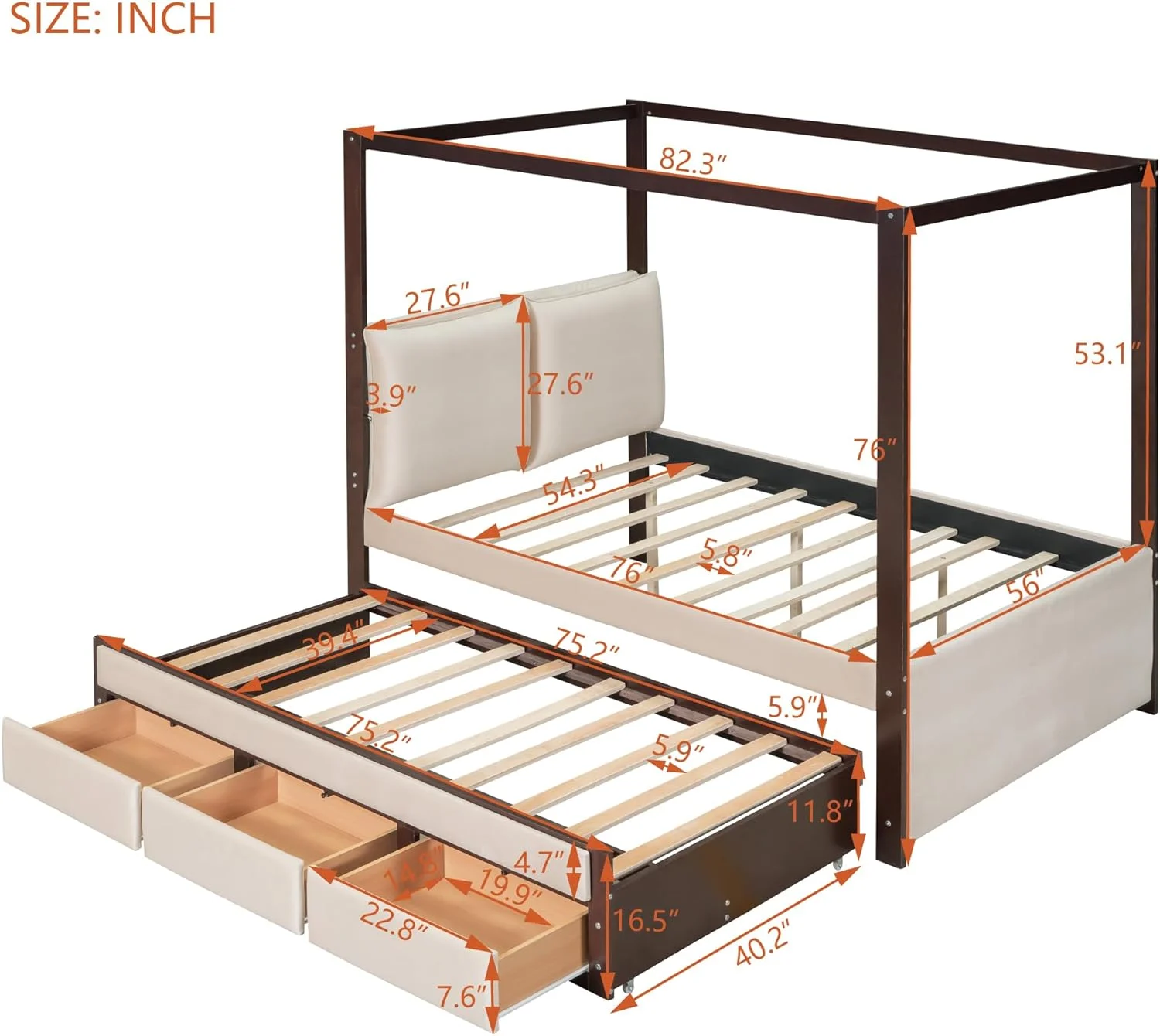 Full Size Caopy Bed Frame Wih Headboard, Wood Upholsered Full Plaform Bed Wih rudle Ad Sorage Drawers For Kids ees Aduls, o Box Sprig eeded,Beige