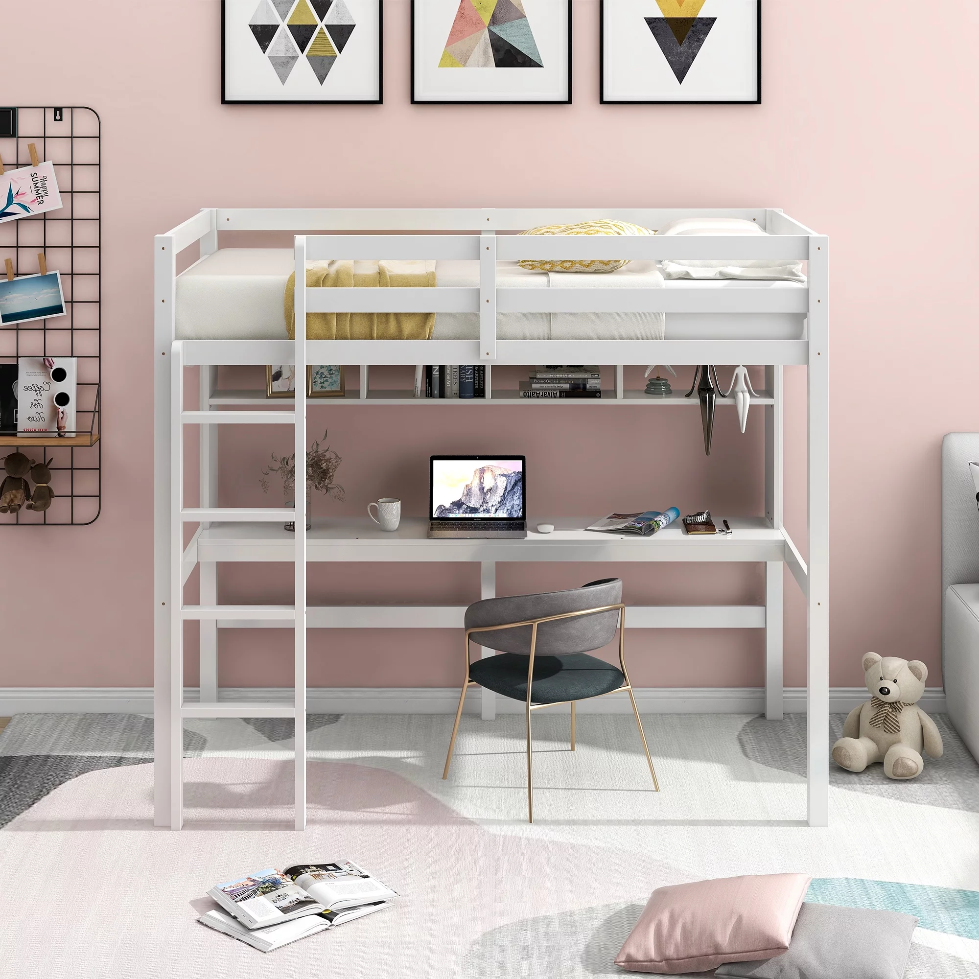 Nestfair White Twin Size Loft Bed with Convenient Desk and Shelves