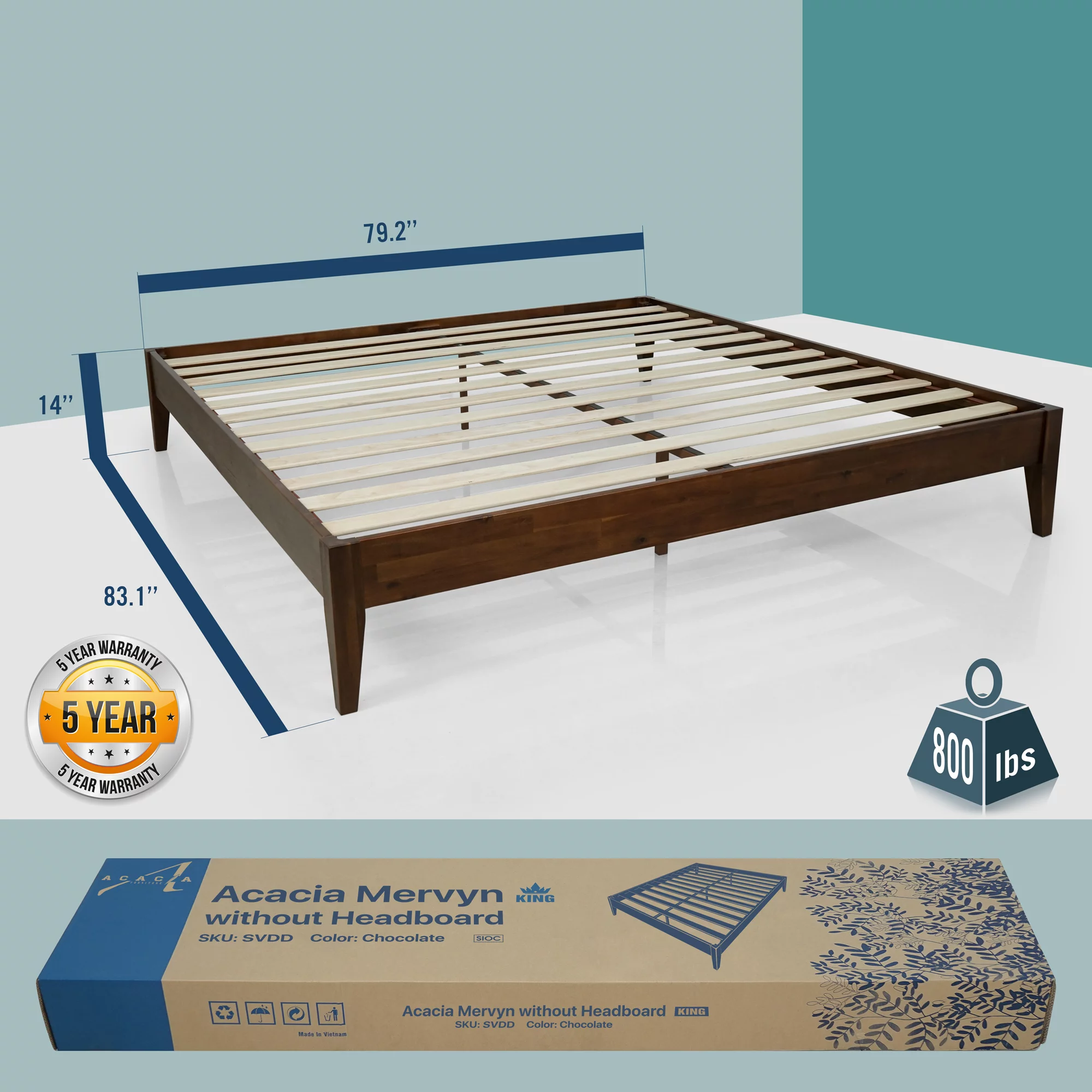 Acacia Mervyn Wooden Bed Frame without Headboard – Solid Wood Platform Bed with Ergonomic Design for Anti-Slip Support, Easy Assembly and No Box Spring Needed (King, Chocolate)