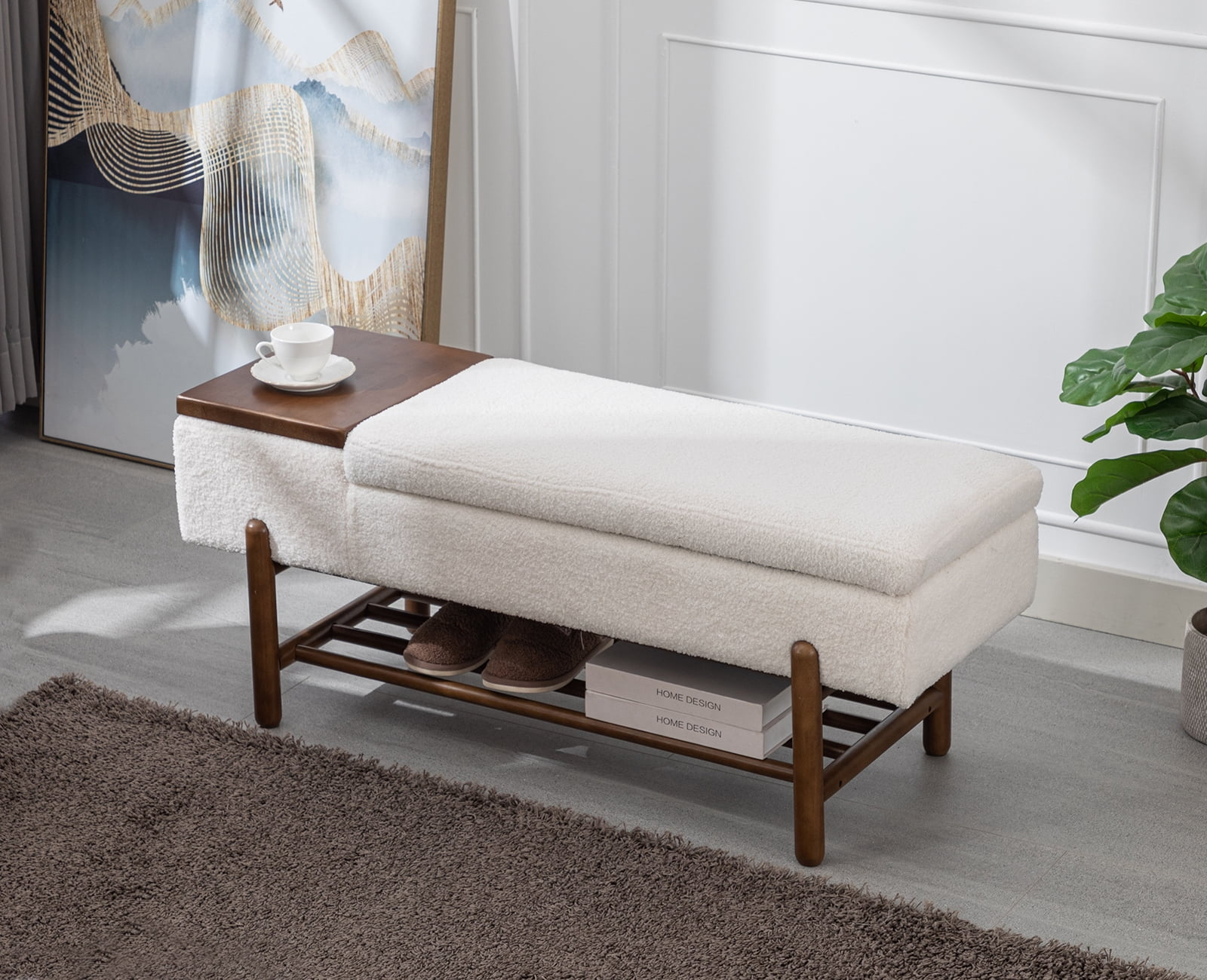 Guyou Storage Bench Sherpa End of Bed Ottoman Bench with Wooden Shoe Rack and Coffee Table, Modern Upholstered Long Seating Bench Entryway Bench for Hallway Foyer Living Room Bedroom, Beige