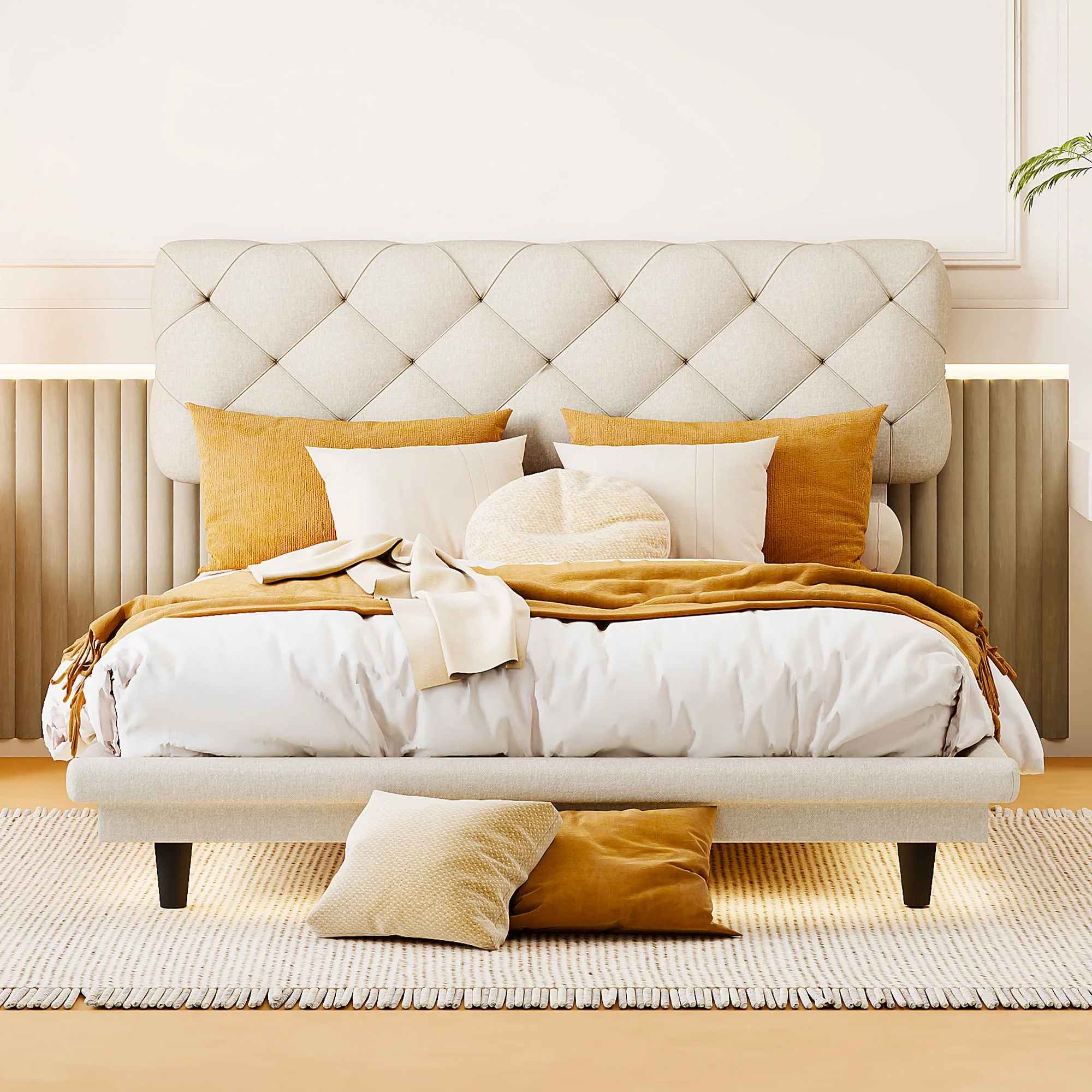 CoSoTower Full Size Upholstered Bed with Light Stripe, Floating Platform Bed, Linen Fabric,Beige