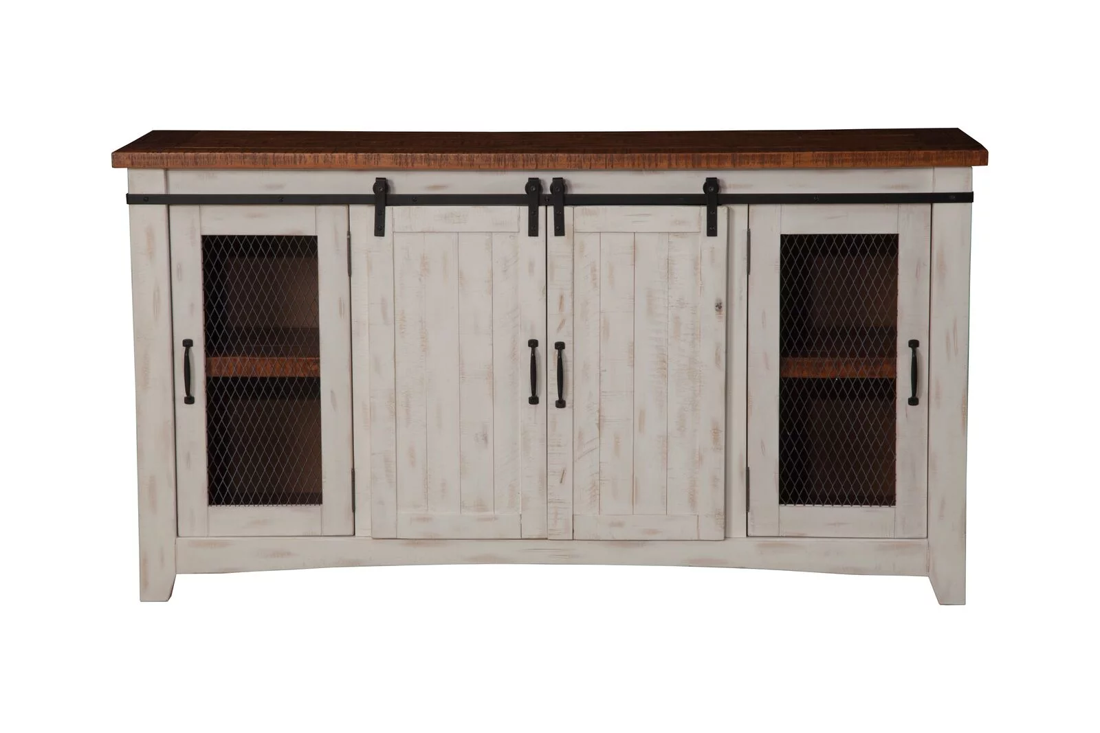 Dual Tone Wood and Metal TV Stand With 2 Mesh Style Doors, White and Brown- Saltoro Sherpi