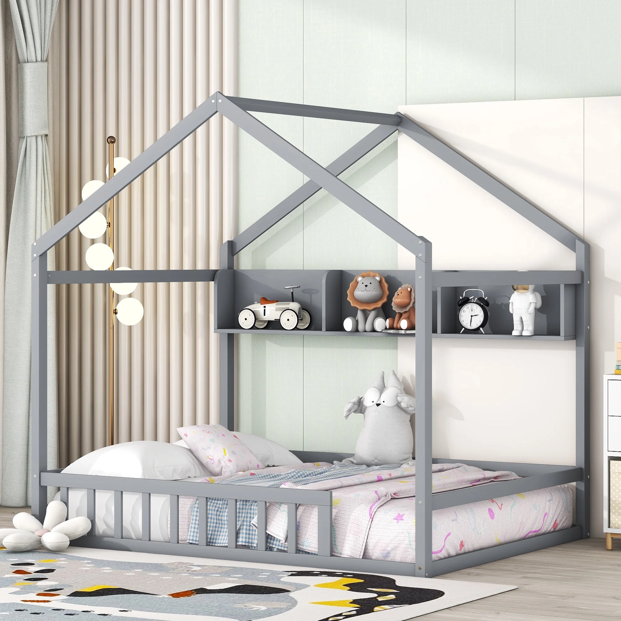 Full Size Platform Bed with Storage Shelf - Wooden Bedframe with Storage, Full Size Bed with Storage for a Functional and Stylish Bedroom-Gray