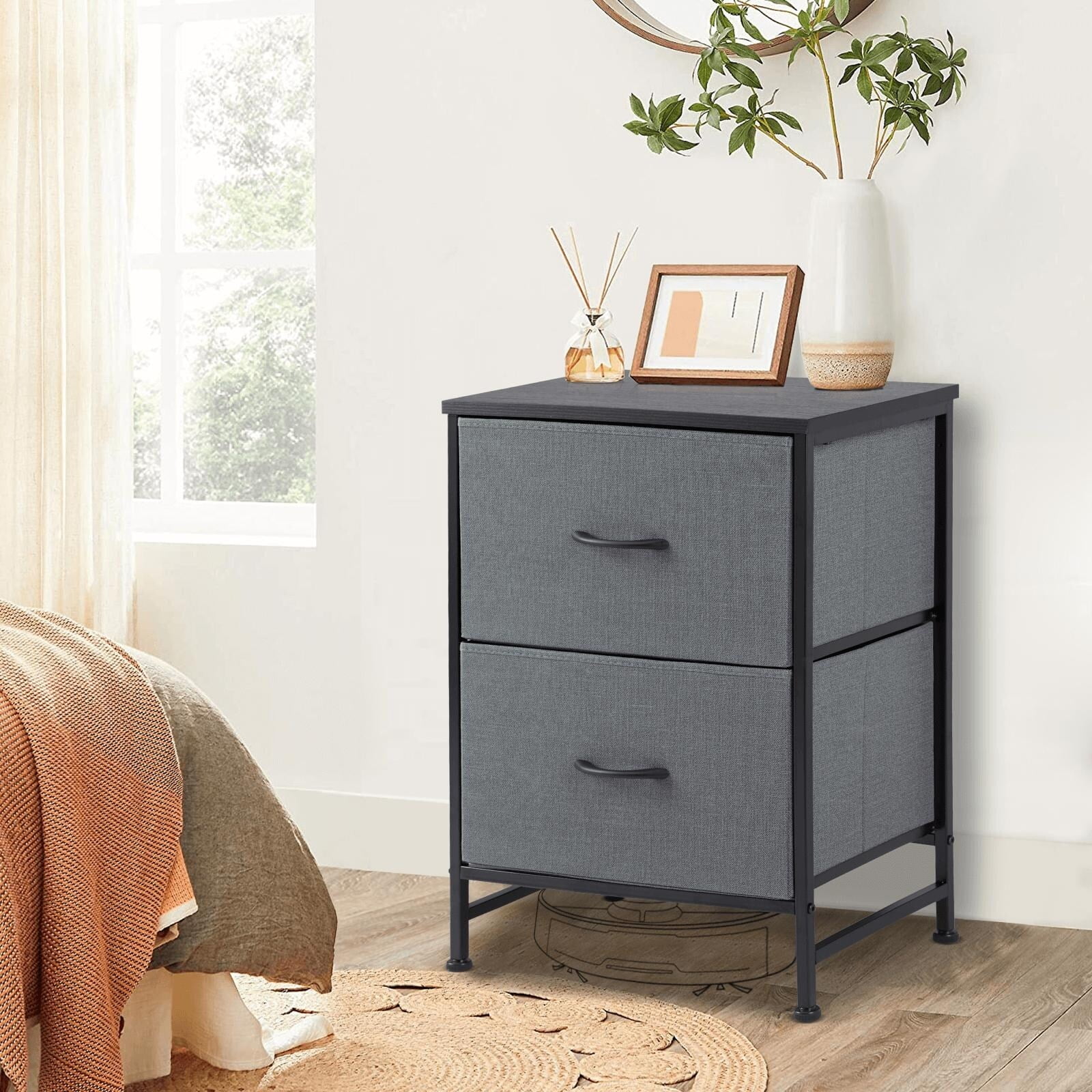 2-Drawer Dresser Chest, Small Fabric Nightstand with Wooden Top and Adjustable Feet,19x25 inch Grey