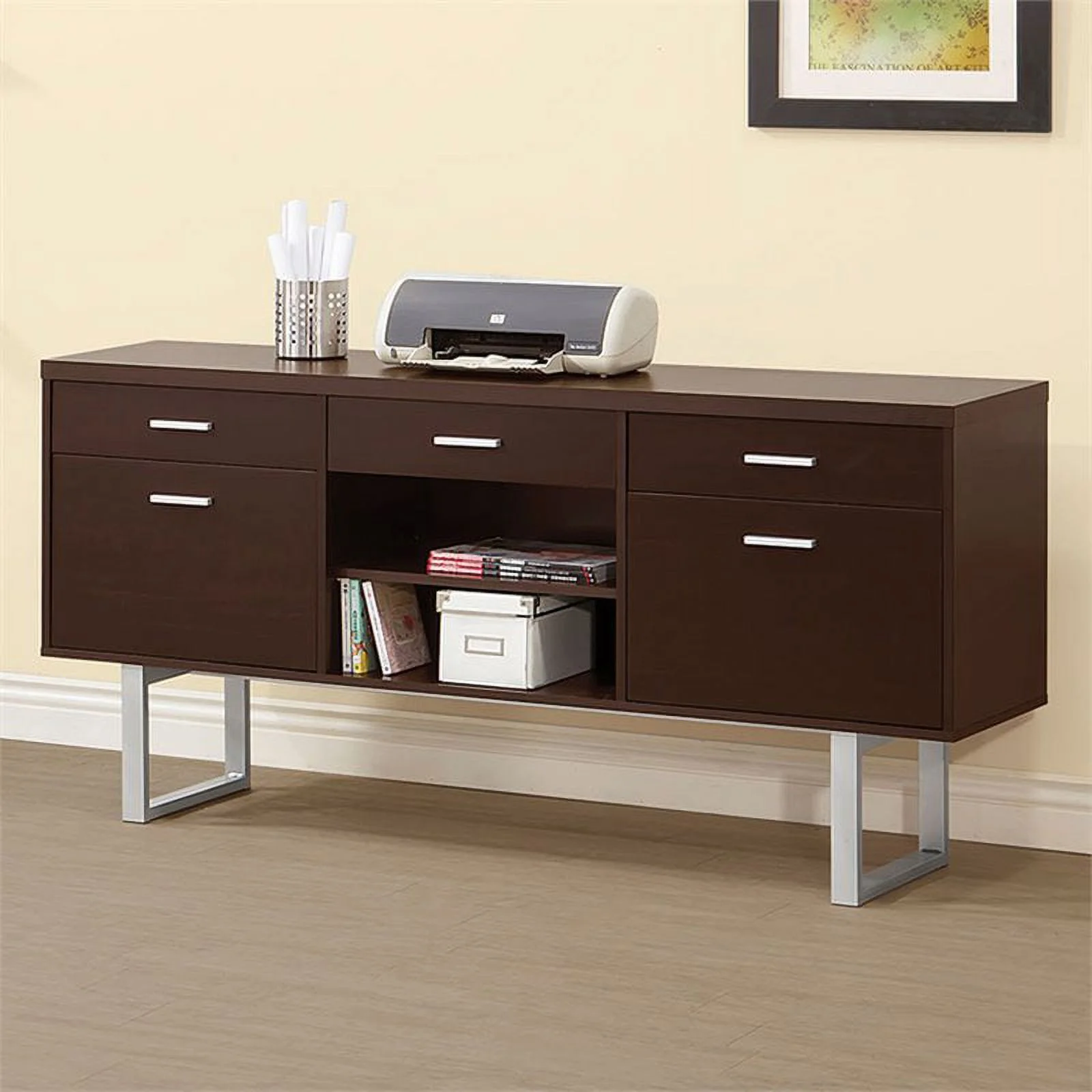 Bowery Hill 5 Drawer Credenza Desk in Cappuccino