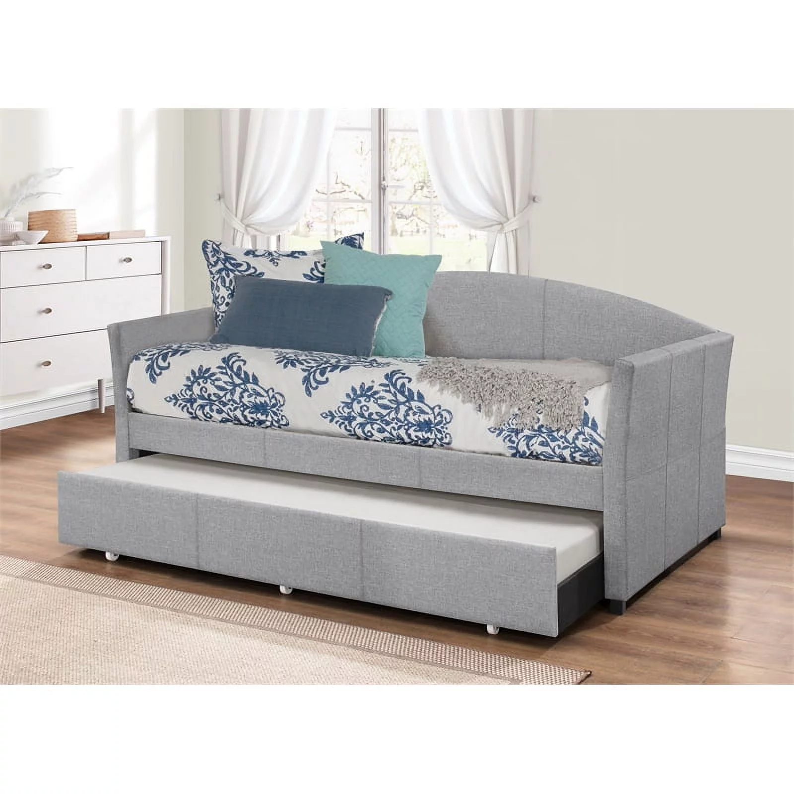 Bowery Hill Modern Fabric Upholstered Daybed with Trundle in Gray