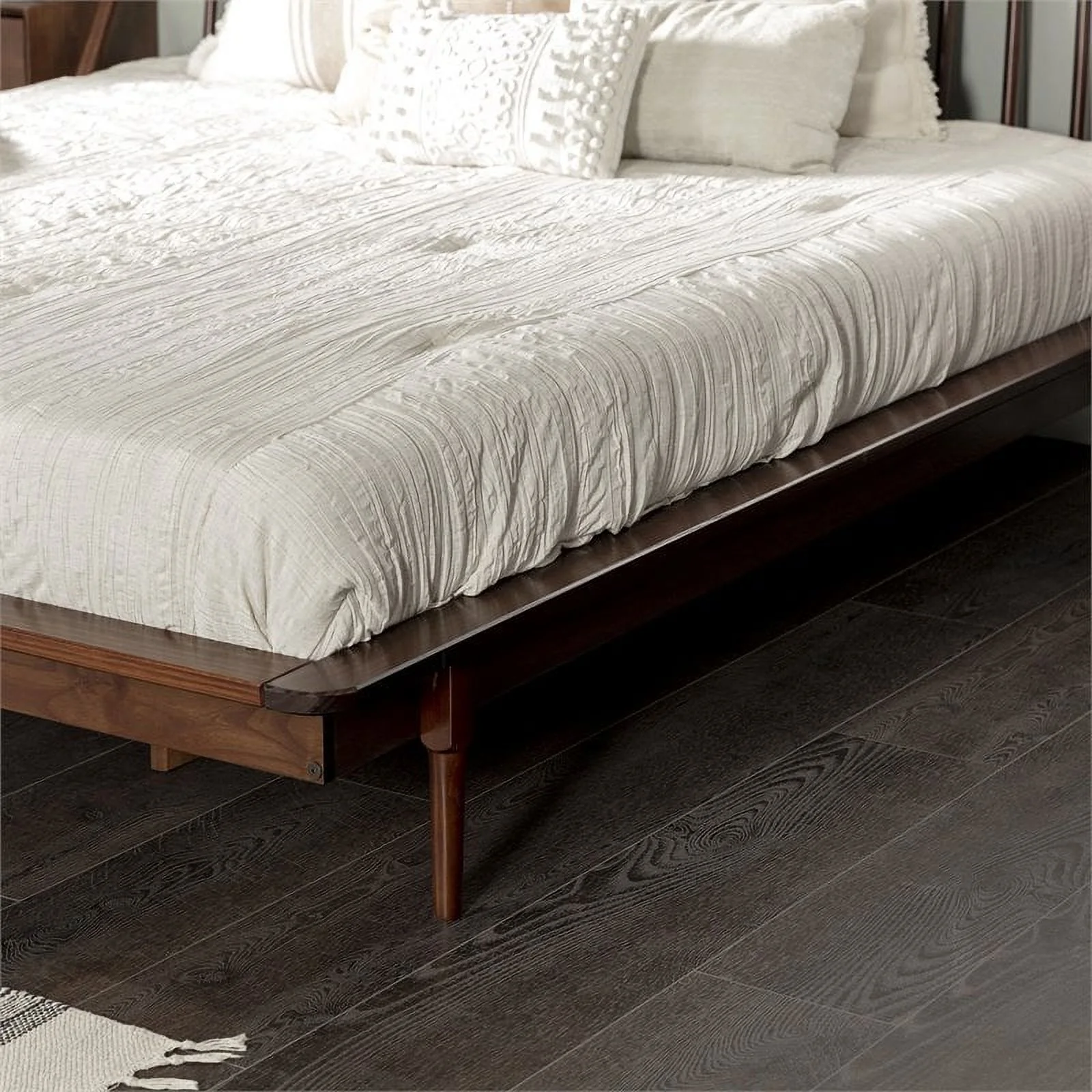 Pemberly Row King Mid Century Modern Solid Wood Spindle Platform Bed in Walnut