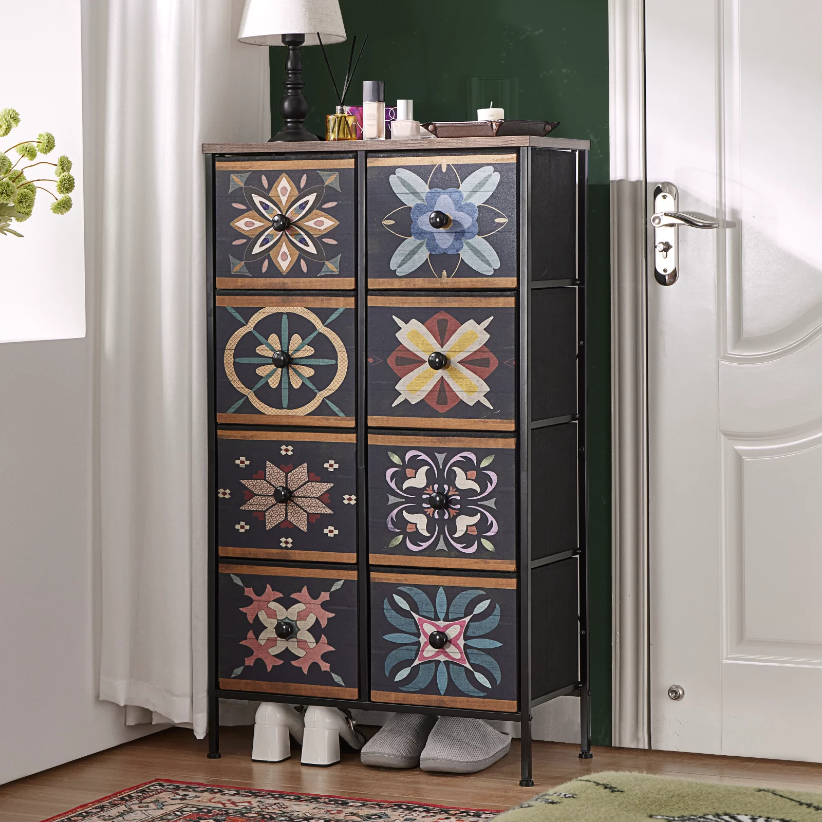EnHomee 8 Drawer Bedroom Dresser, Bedroom Furniture Tall Dressers & Chests of Drawers with Unique Pattern for Closet Slim Doubel Dresser for Bedroom ,Colorful