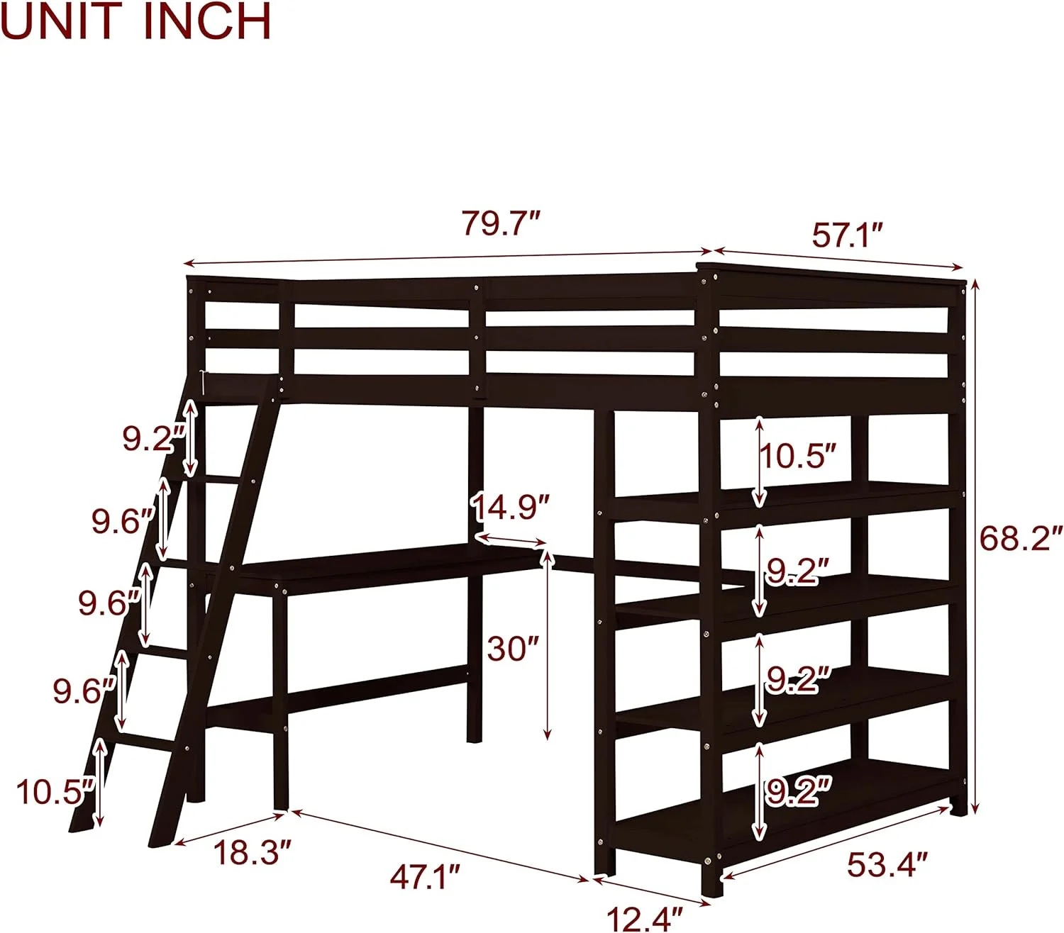 Full Size Loft Bed With Desk And Storage Shelves, Full Loft Bed With Ladder And Guard Rail, Wooden High Loft Bed Frame For Kids, Teens, Adults (Full, Espresso)