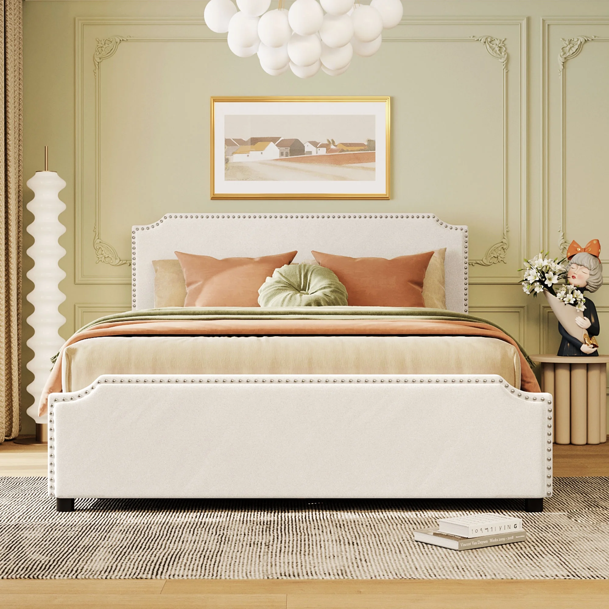 CoSoTower Upholstered Platform Bed with Stud Trim Headboard and Footboard and 4 Drawers No Box Spring Needed, Velvet Fabric, Queen Size (Beige)