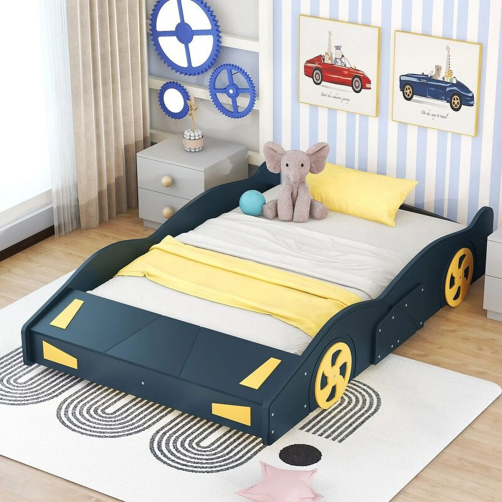 Car Shaped Full-Size Platform Bed Frame Bed with Wheels and Storage Yellow/Blue