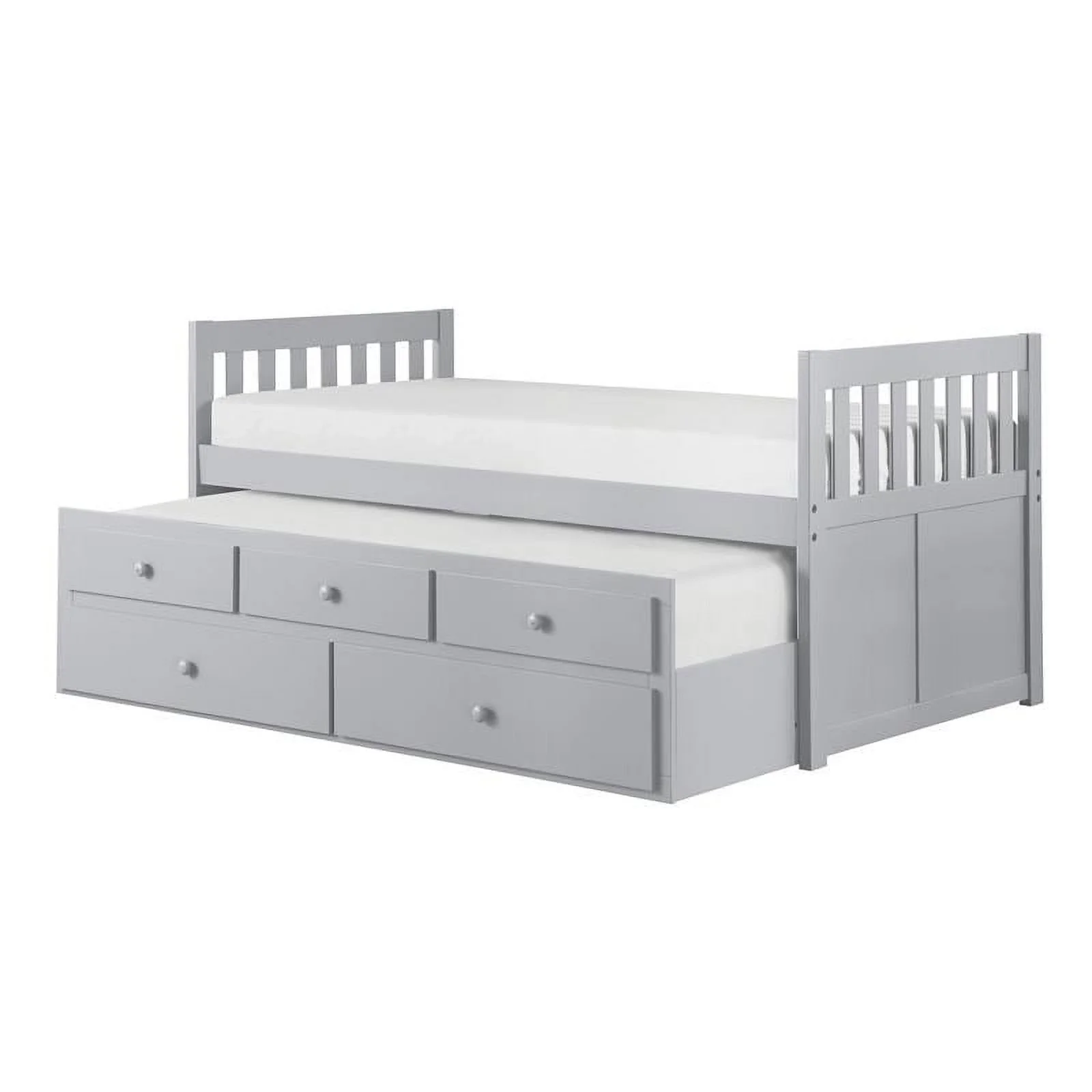 Pemberly Row Wood Twin over Twin Trundle Bed with 2-Storage Drawers in Gray