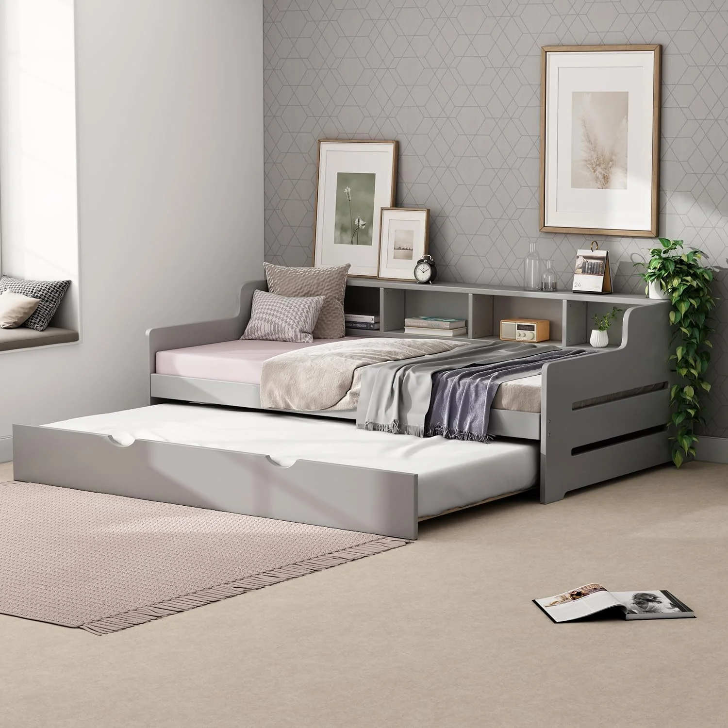 Size Daybed With Trudle, Wood Daybed With Bookcase Headboard, Platform Bed With Storage Shelves Ad Trudle For Kids Tees Adults, Gray