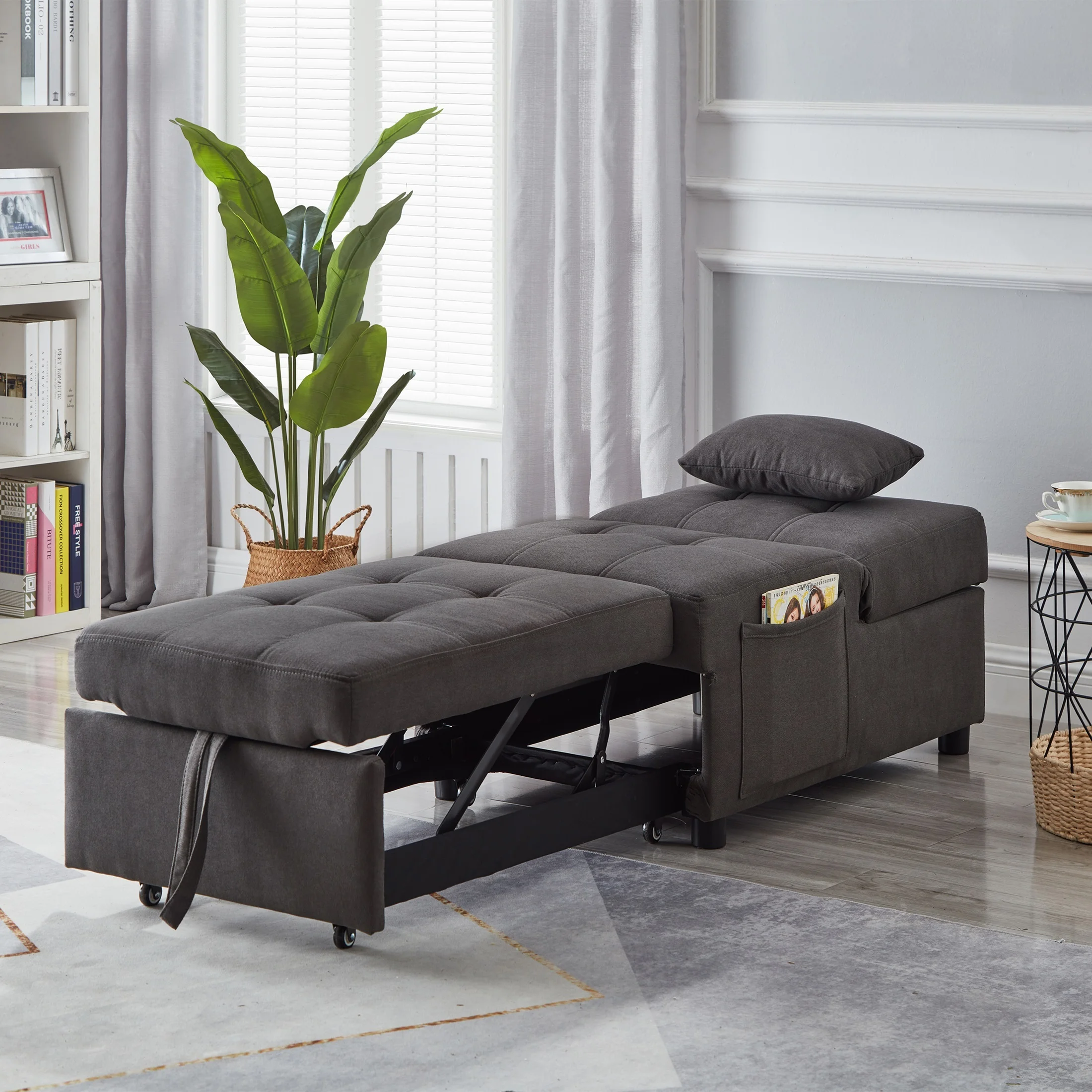 Noodeniya Pull Out Sofa Chair Bed, Convertible Sleeper Chair with Linen Fabric, Single Chair Bed for Living Room, Gray