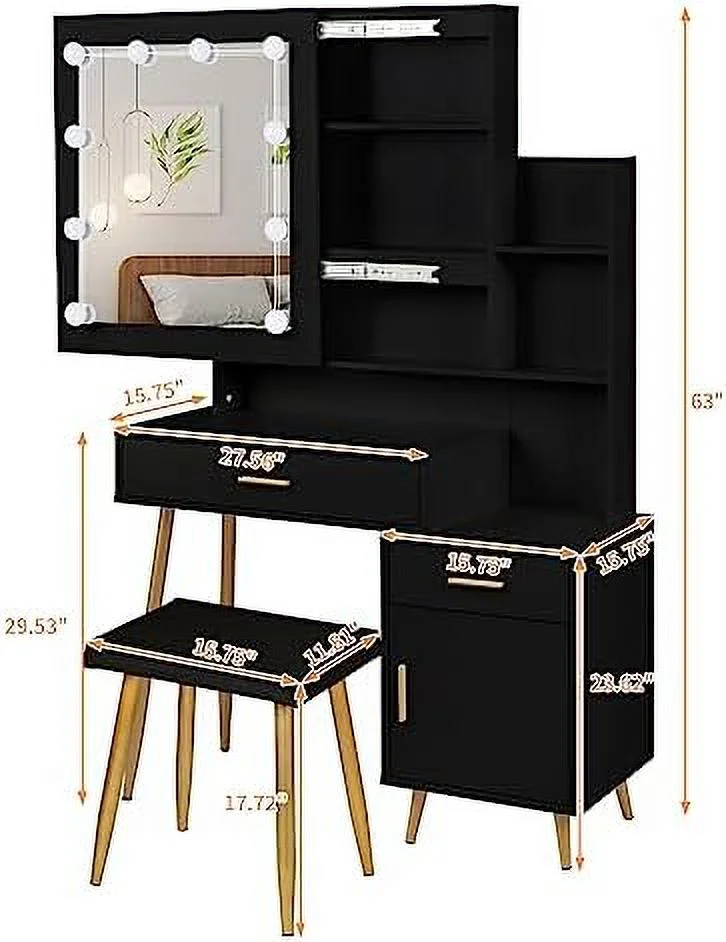 NLIBOOMLife Large  Vanity Table with LED Light Mirror & 4  Drawers  White Vanity Set w/Cushioned Stool & 4 Drawers  31.5" L Dressing Table Dresser Desk for Women  Girls  Bedro