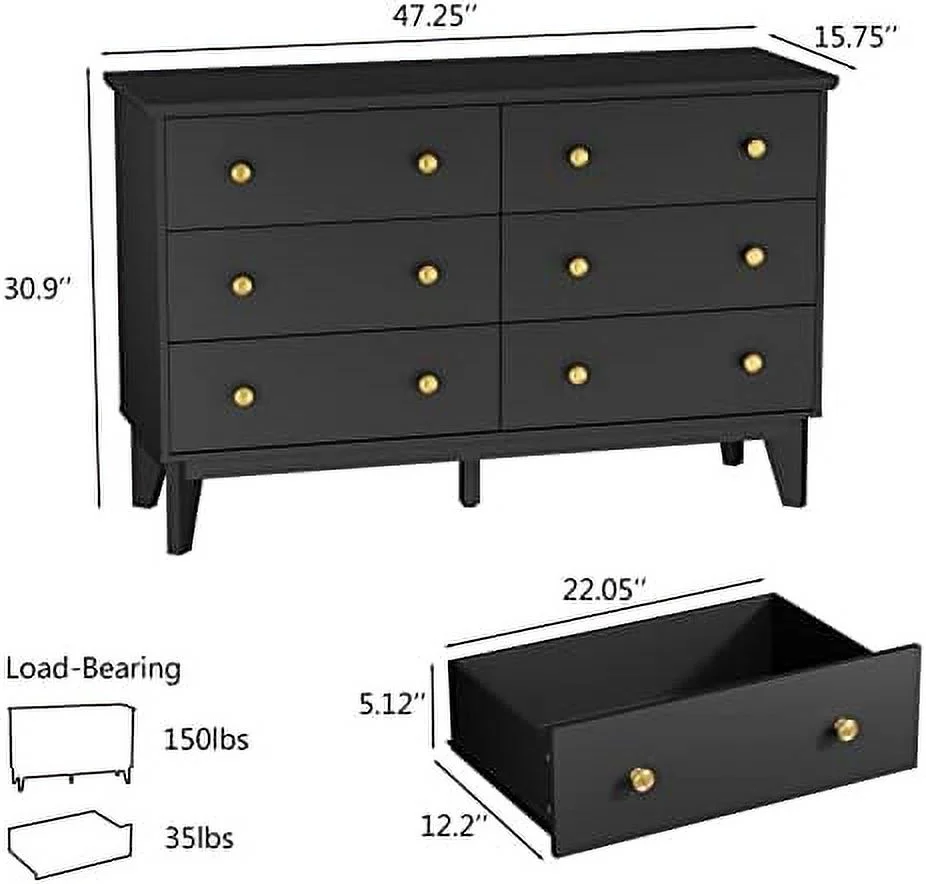 Dresser for Bedroom 6 Drawer Double Dresser with Deep Drawers Wood Chest of Drawers Dressers Organizer for Bedroom (White)