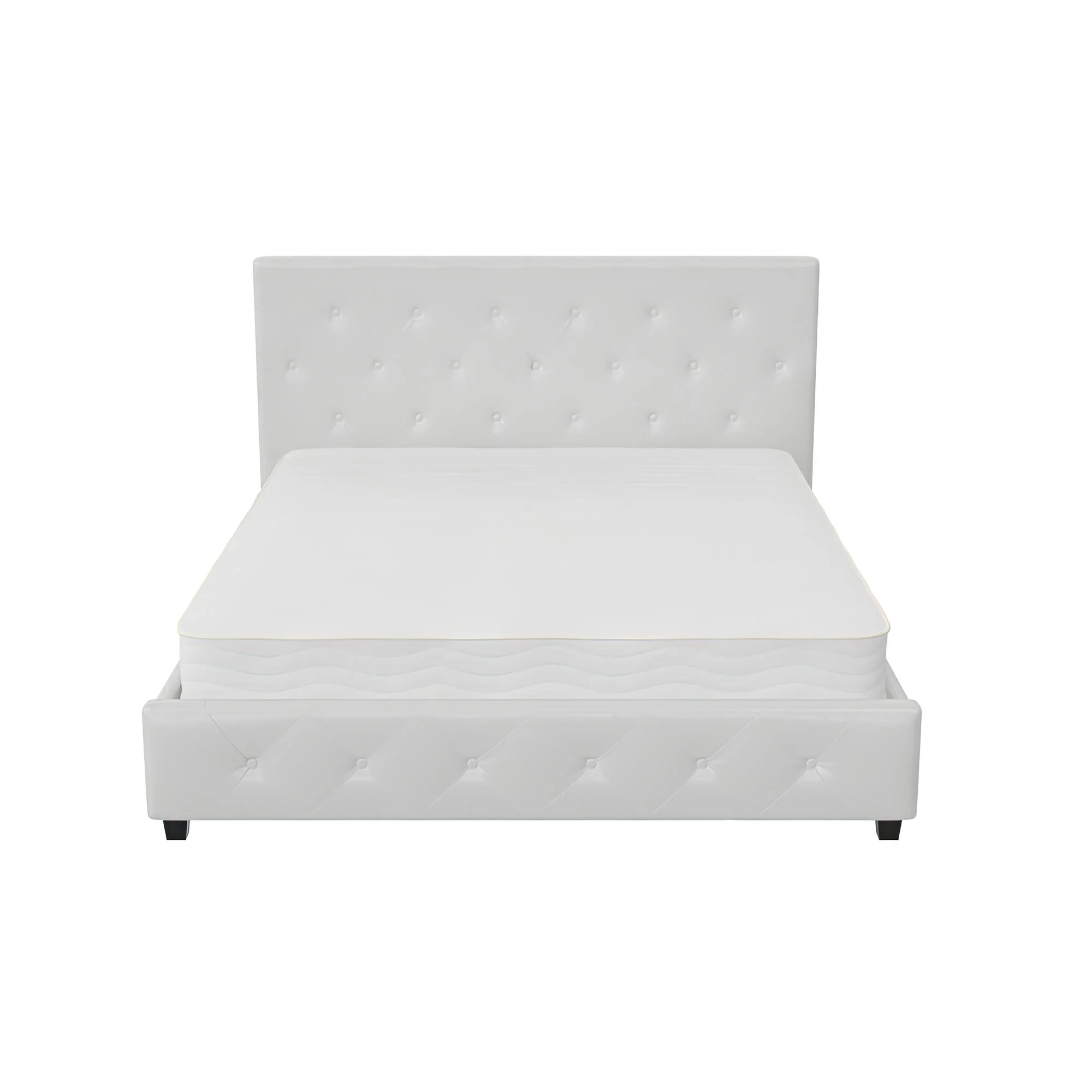 DHP Dakota Upholstered Bed with Signature Sleep Tranquil 8-Inch Pocket Spring Mattress, Full, White