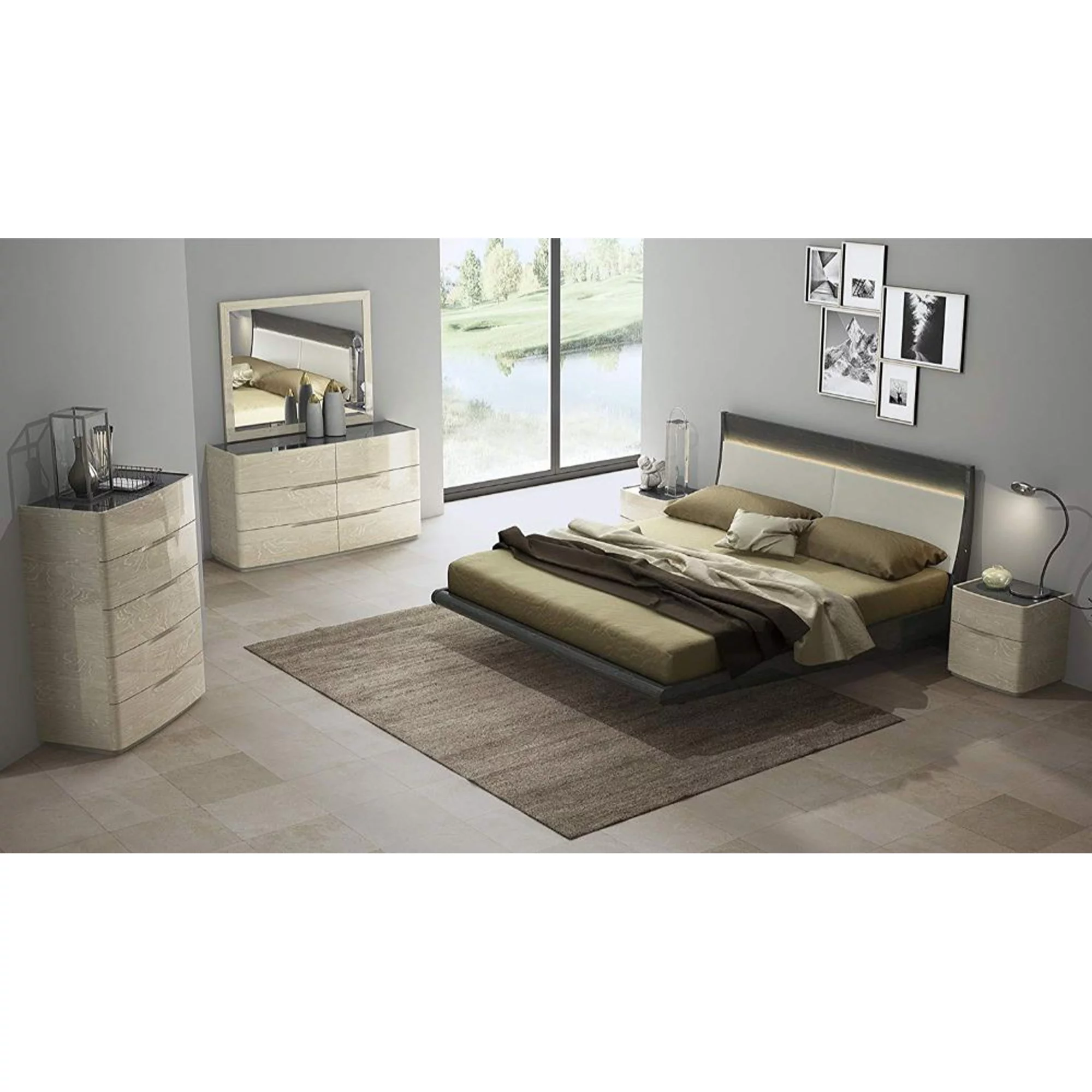 Wooden Eastern King Size Platform Bed with Leather Upholstered Headboard, Grey and Beige