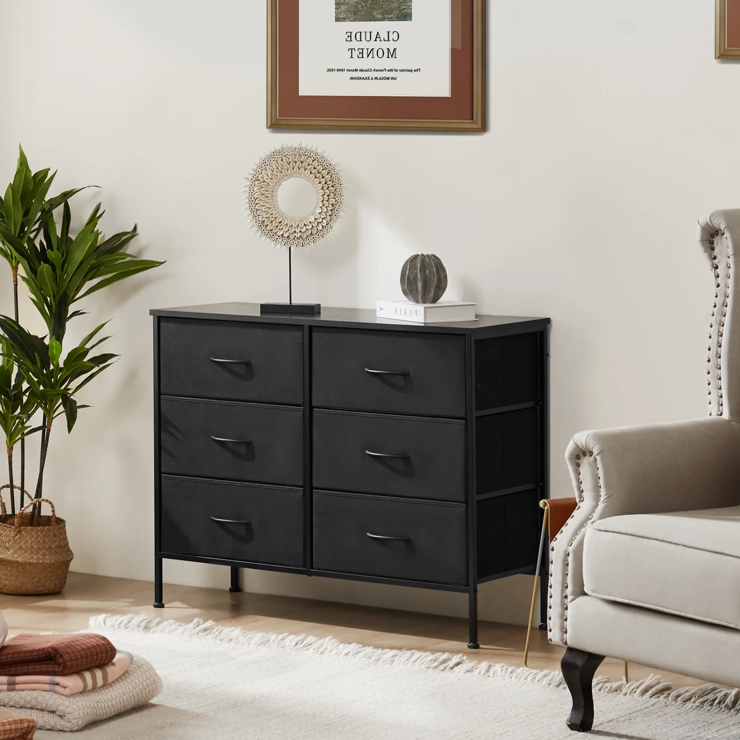 Tomile Dresser for Bedroom 6 Drawers Wide Fabric Storage Units Chest of Drawers for Bedroom with Metal Frame and Wooden Top for TV, Black