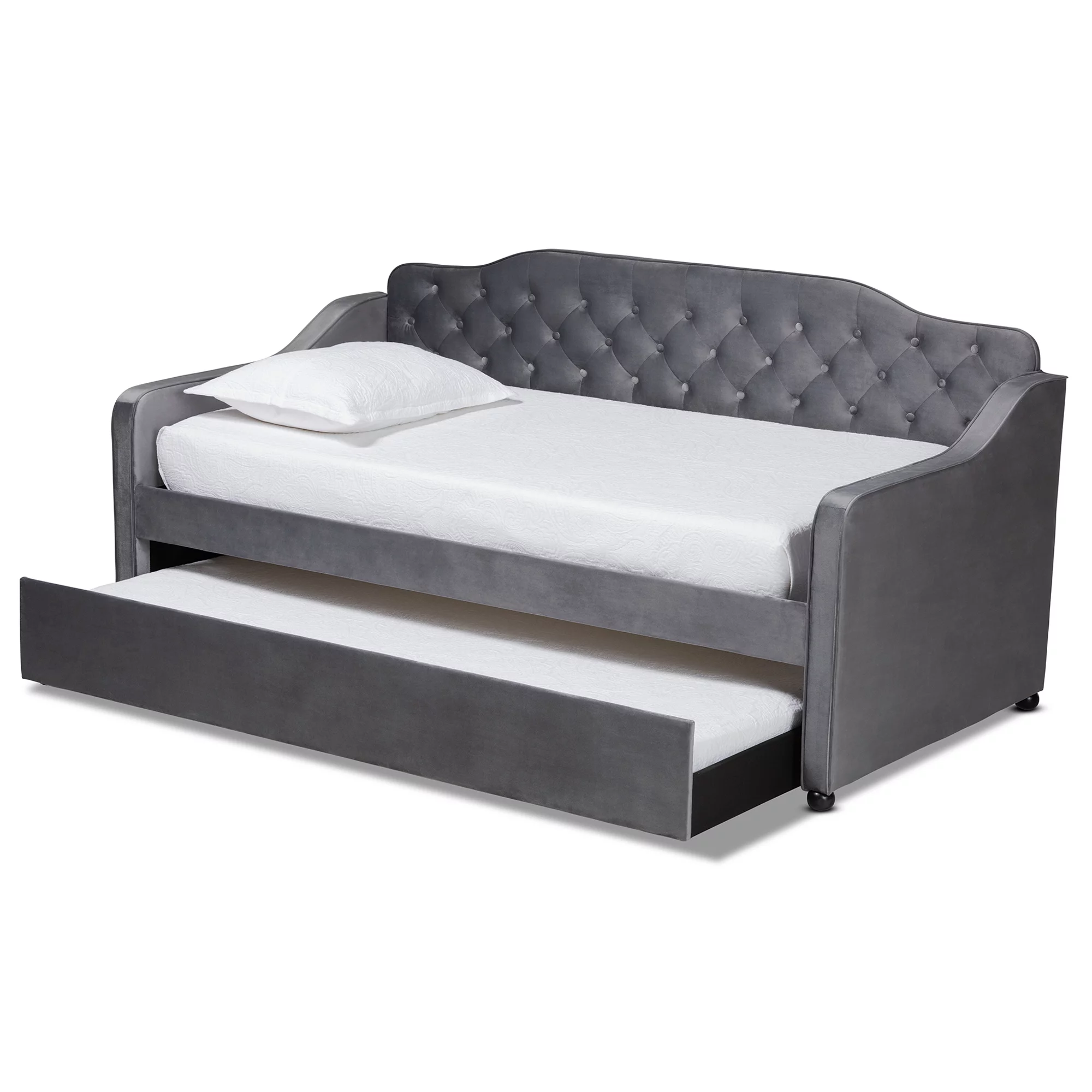 BBaxton Studio Freda Transitional and Contemporary Gray Velvet Upholstered and Button Tufted Twin Size Daybed with Trundle