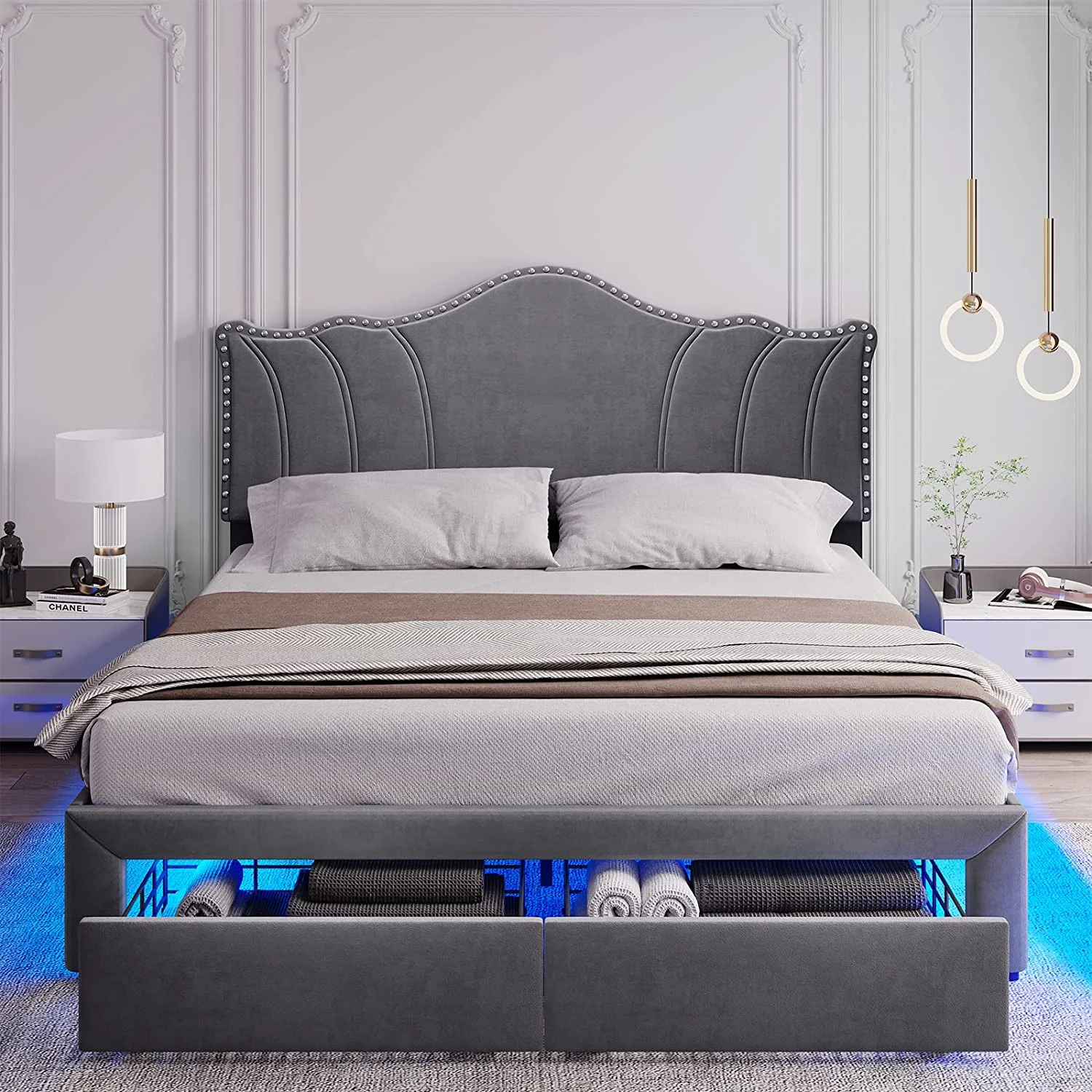 DICTAC Queen Bed Frame with 2 Storage Drawers and LED Lights Velvet Upholstered Platform Bed Frame Queen Size with Storage and Rivet Curved Adjustable Headboard, No-Noise, No Box Spring Needed, Grey
