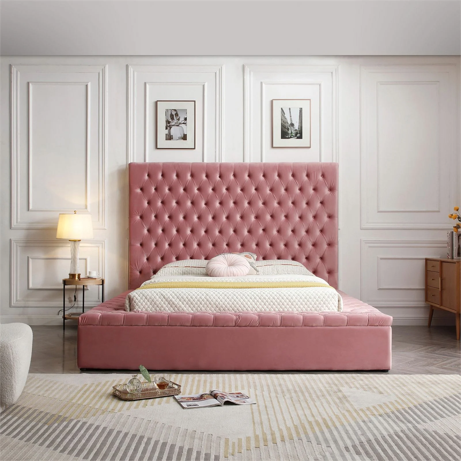 Better Home Products Cosmopolitan Velvet Upholstered Platform Queen Bed in Pink