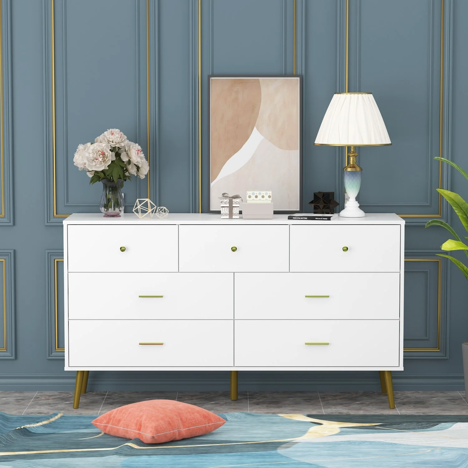 FUFU&GAGA 55.9inch Double Dresser Chest of Drawer Storage Organizer Unit Closet White
