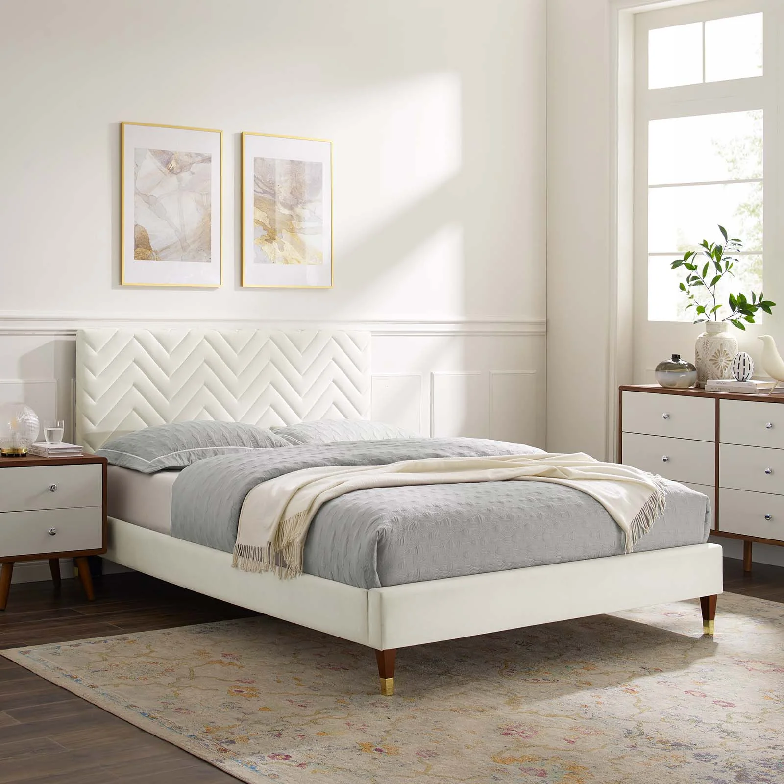 Modway Leah Chevron Tufted Performance Velvet King Platform Bed in White