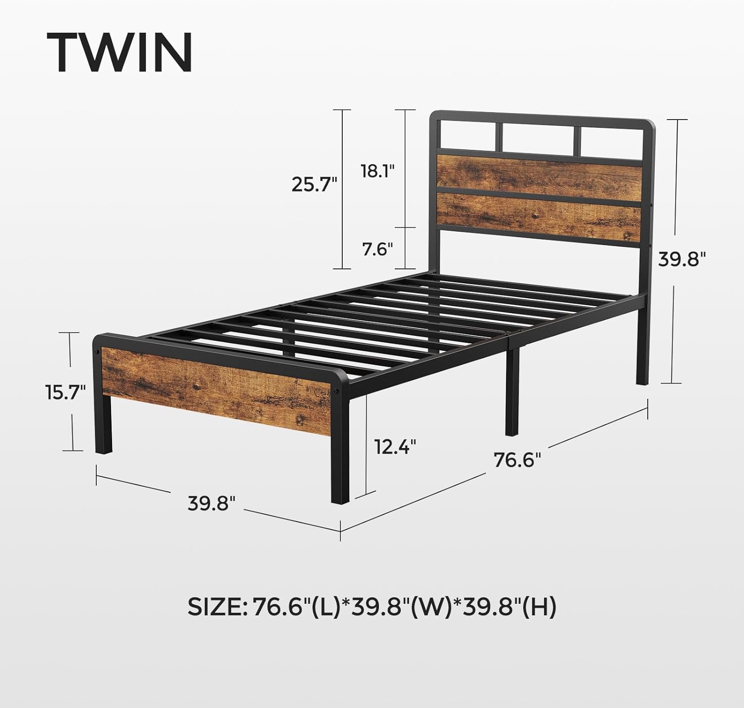 Twin Bed Frames, Mattress Foundation Metal Platform with Headboard and Large Under Bed Storage, Easy Assembly, Noise-Free, No Box Spring Needed, Vintage Brown