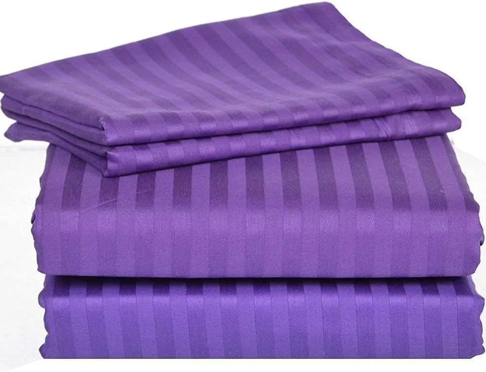 Amay 100% Cotton 600-Thread Count 4-PCs Sheet Set Easily Fit upto 16-18 Inch Deep Pockets Stripe Pattern ( Emperor, Purple )