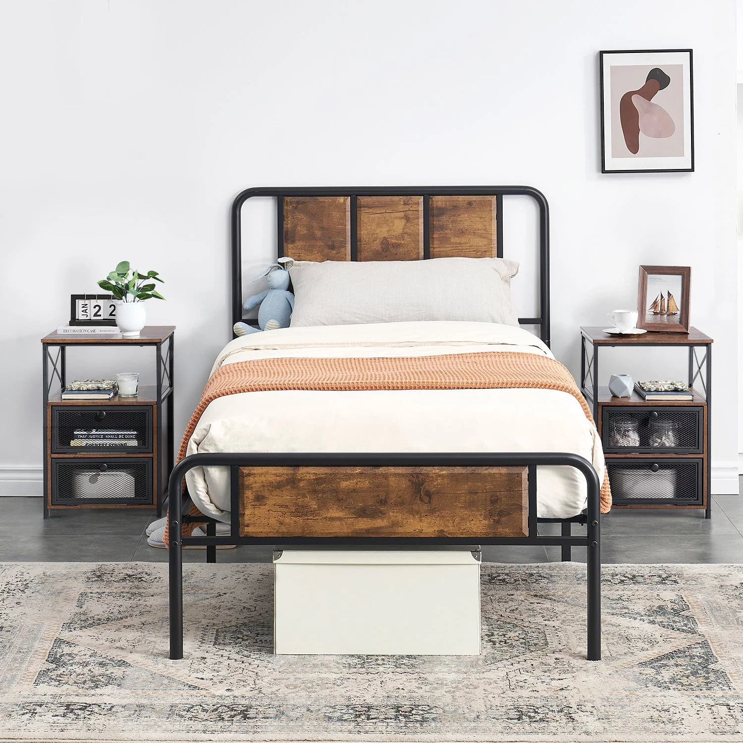 VECELO 3 Piece Bedroom Set Twin Size Bed Frame and 2 Nightstands