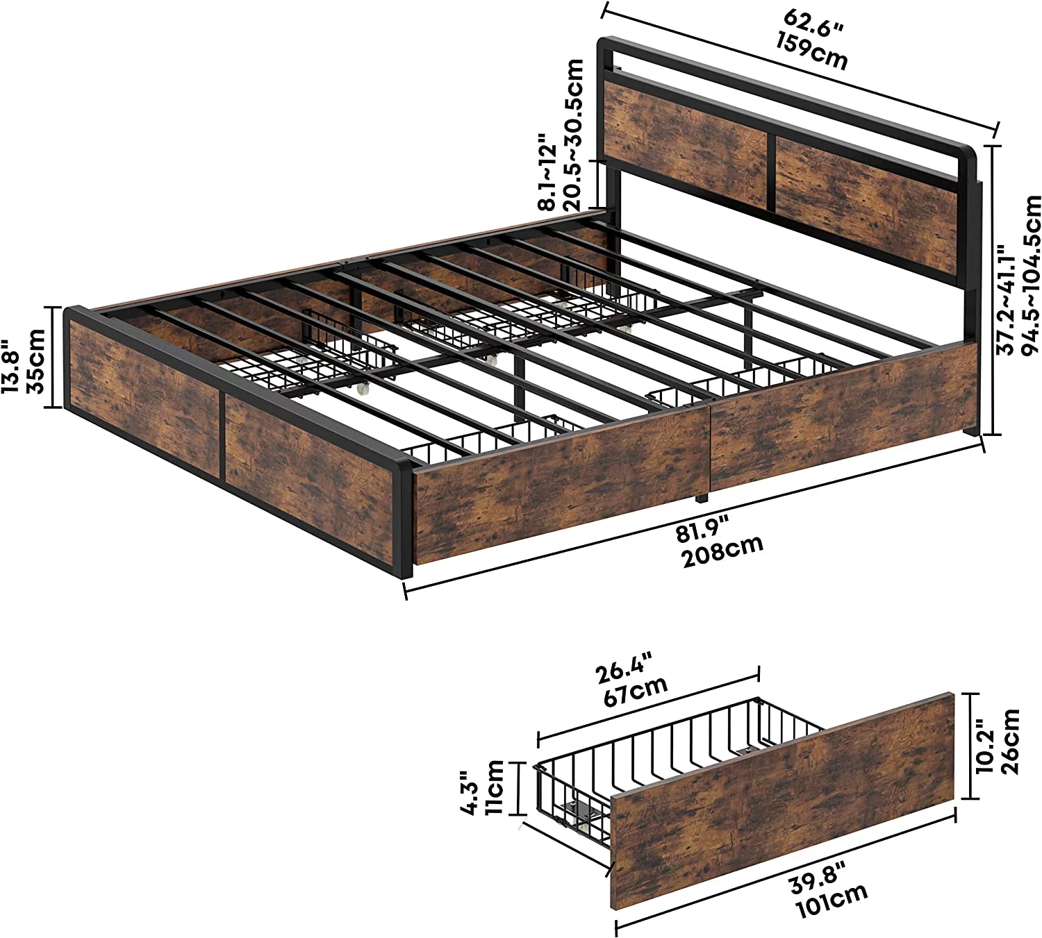 LIKIMIO Queen Bed Frame with Storage Adjustable Headboard and 4 Drawers Sturdy and Practical No Noise No Box Spring Needed Easy Assembly Vintage Brown