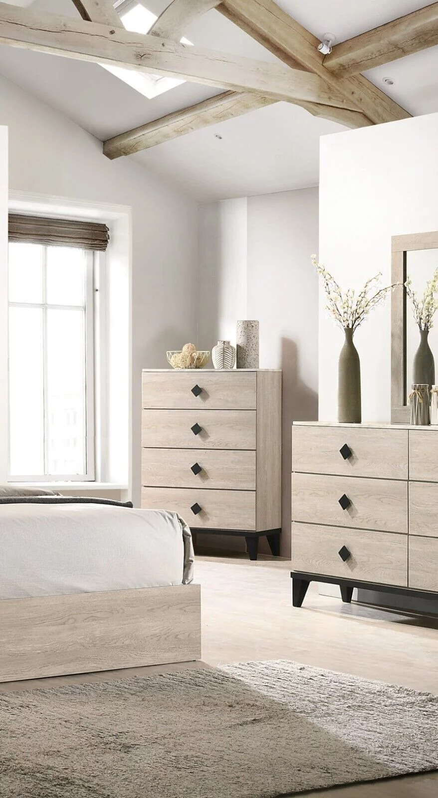 Classic Transitional Cream 6pc Bedroom Eastern King Size Bed Set Dresser Mirror Nightstands Chest Wooden Furniture Fabric HB