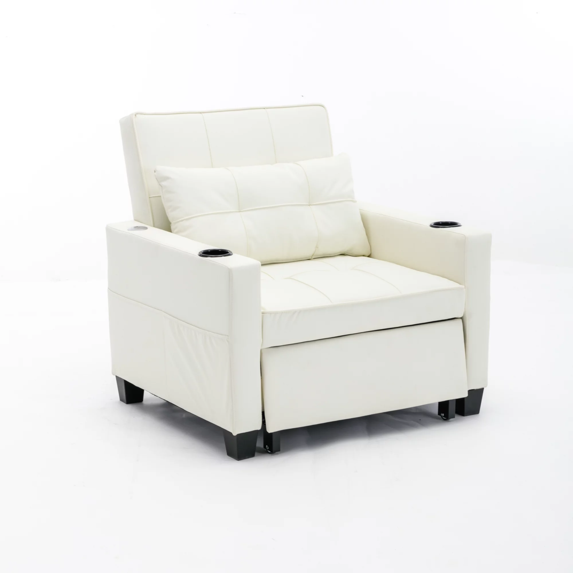 Futon Chair Bed Convertible Chair 3-in-1 Pull Out Sleeper Chair Beds with USB Ports, Armchair Bed Sleeper for Living Room (White Leather)