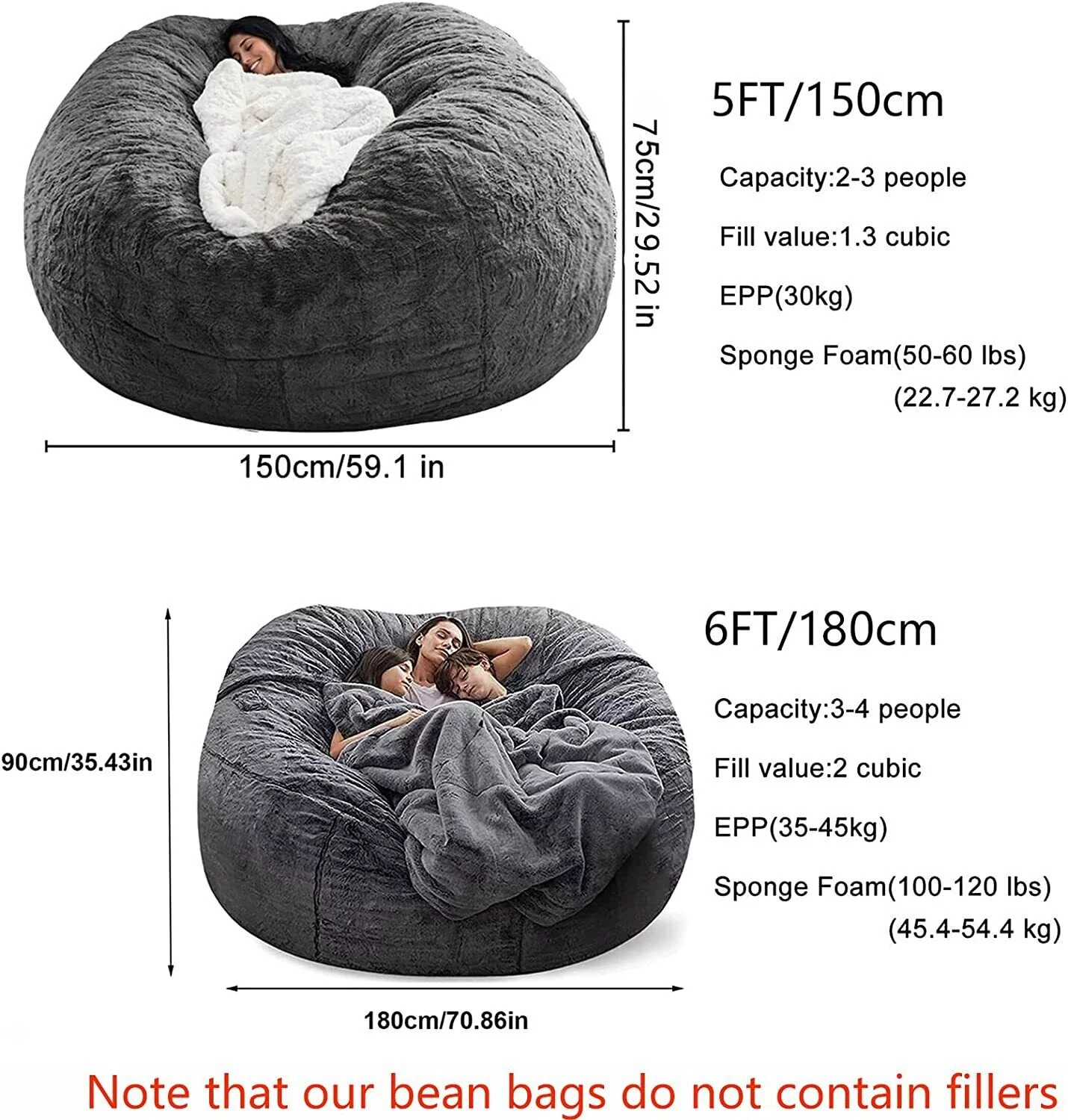 6FT Large Bean Bag Sofa Cover, Living Room Lazy Lounger Chair Protect Cover for Adults Kids, No Filling, Black