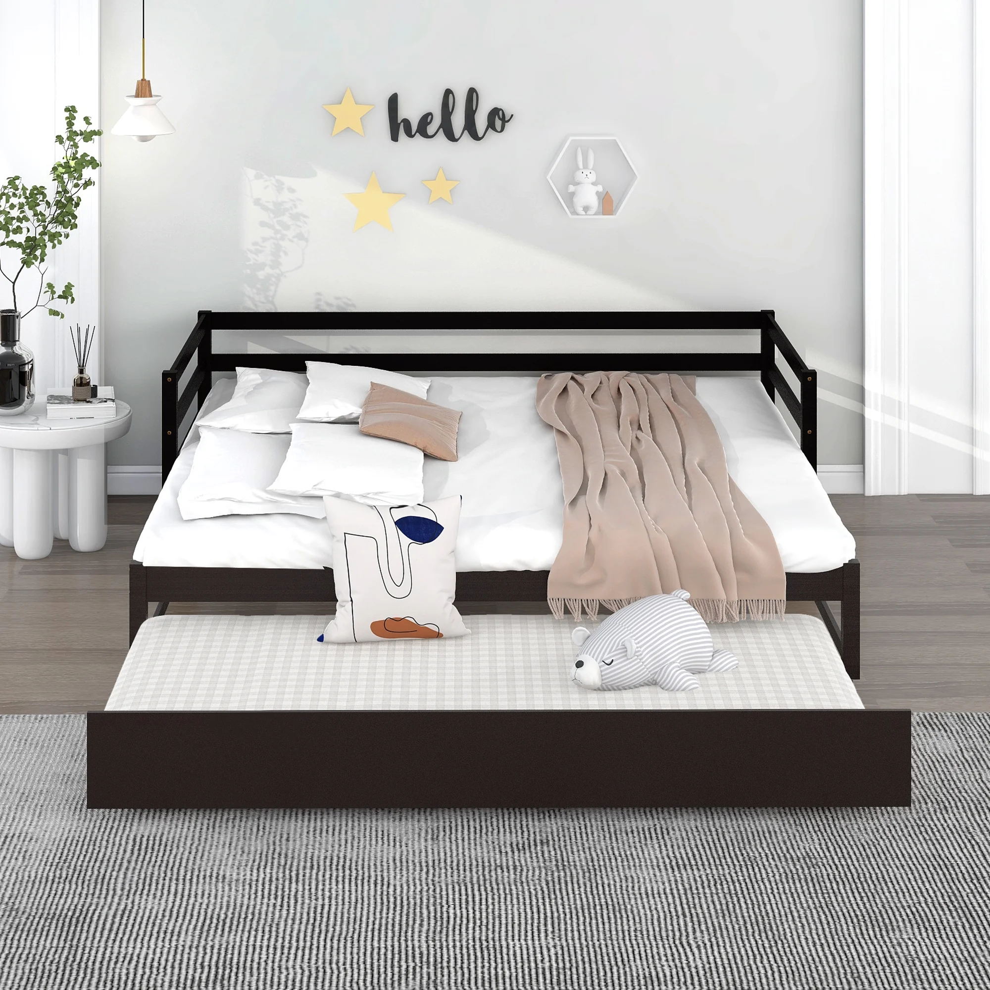 EUROCO Wood Twin Size Daybed, Convertible Double Twin Size Platform Bed with Trundle, Espresso