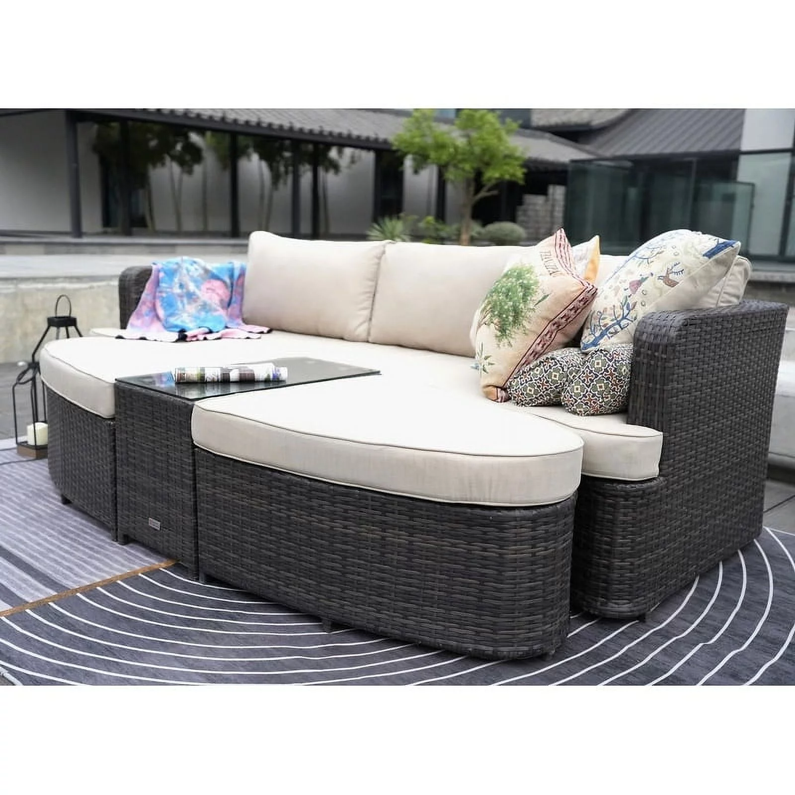 Direct Wicker Patio Furniture 4-piece Brown Wicker Daybed Set with cushions and table